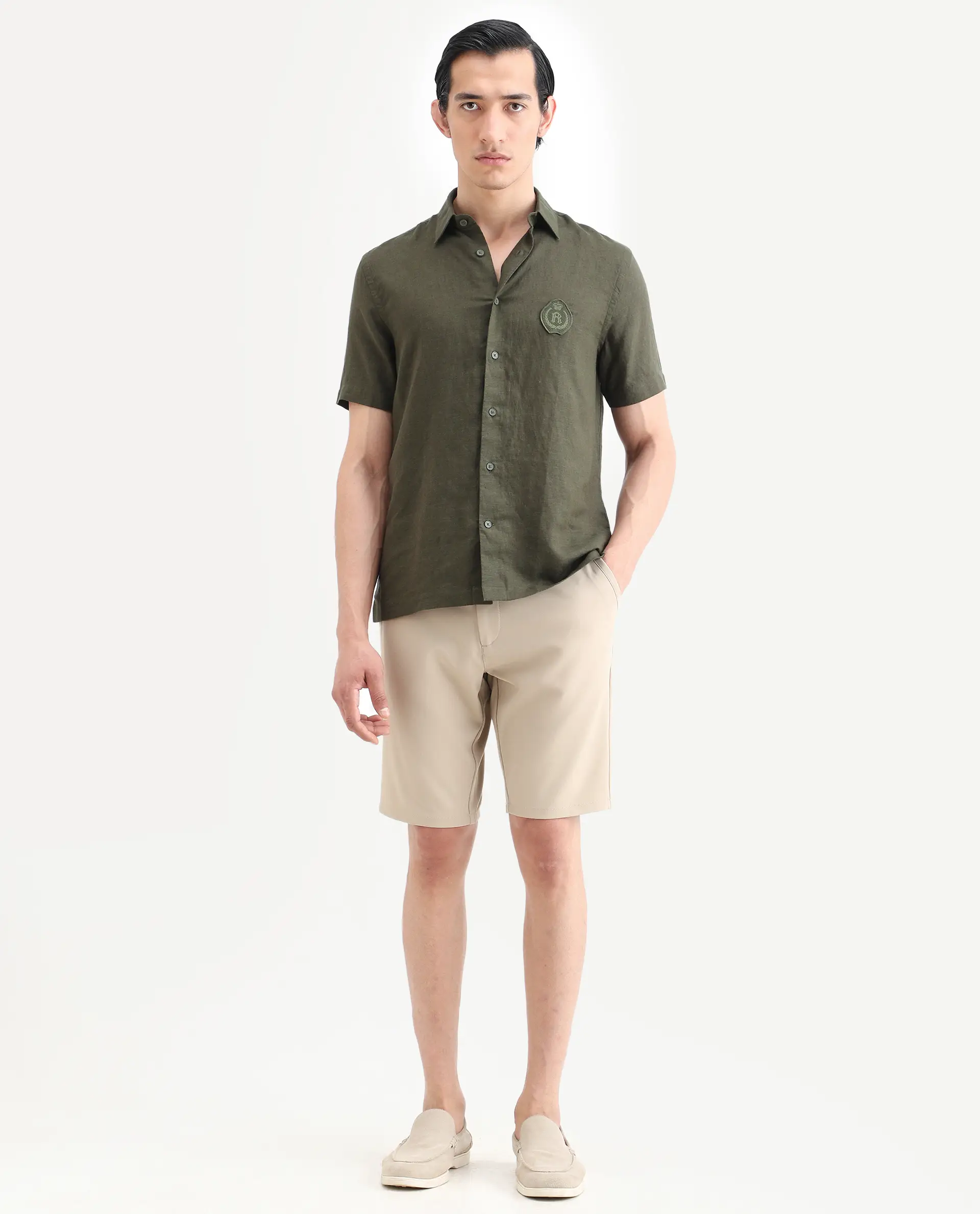 Rare Rabbit Men's Drivo-Ss26 Light Khaki Polyester Blend Fabric Regular Fit Plain Shorts - Image 5