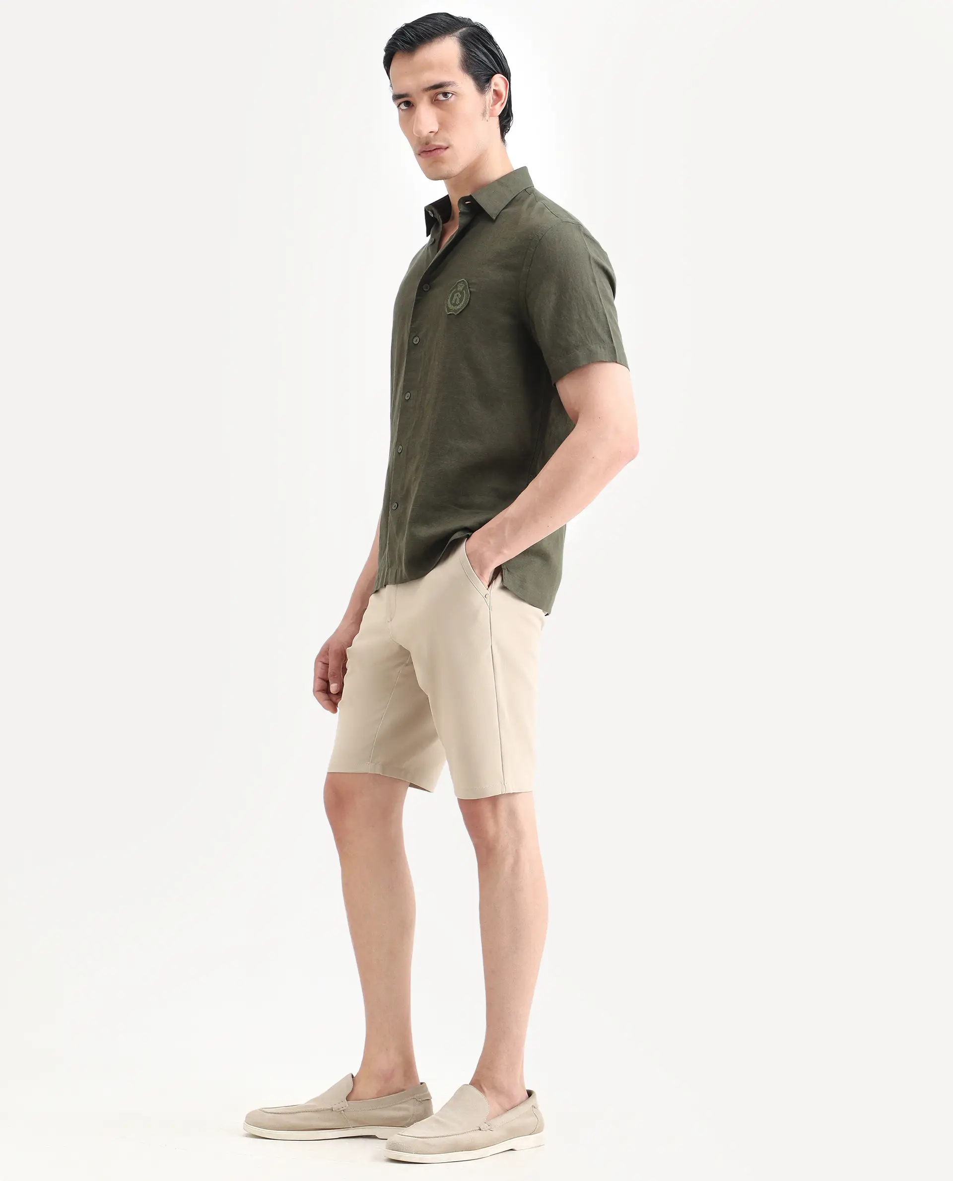 Rare Rabbit Men's Drivo-Ss26 Light Khaki Polyester Blend Fabric Regular Fit Plain Shorts - Image 6