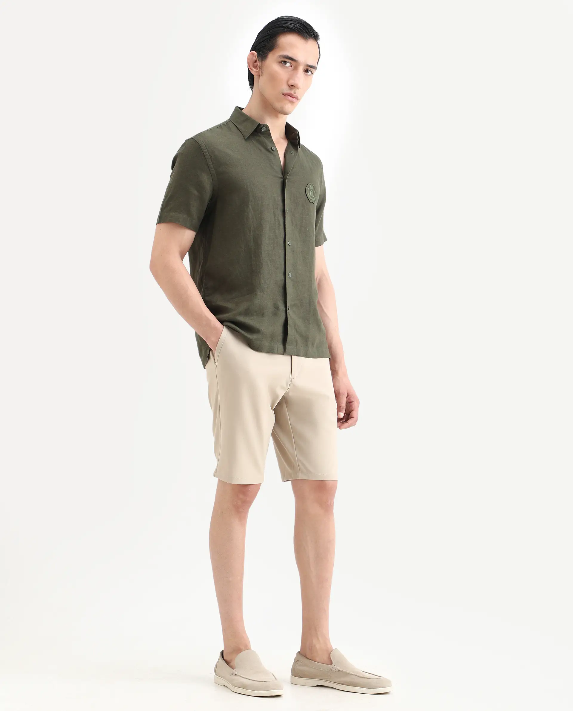 Rare Rabbit Men's Drivo-Ss26 Light Khaki Polyester Blend Fabric Regular Fit Plain Shorts - Image 7