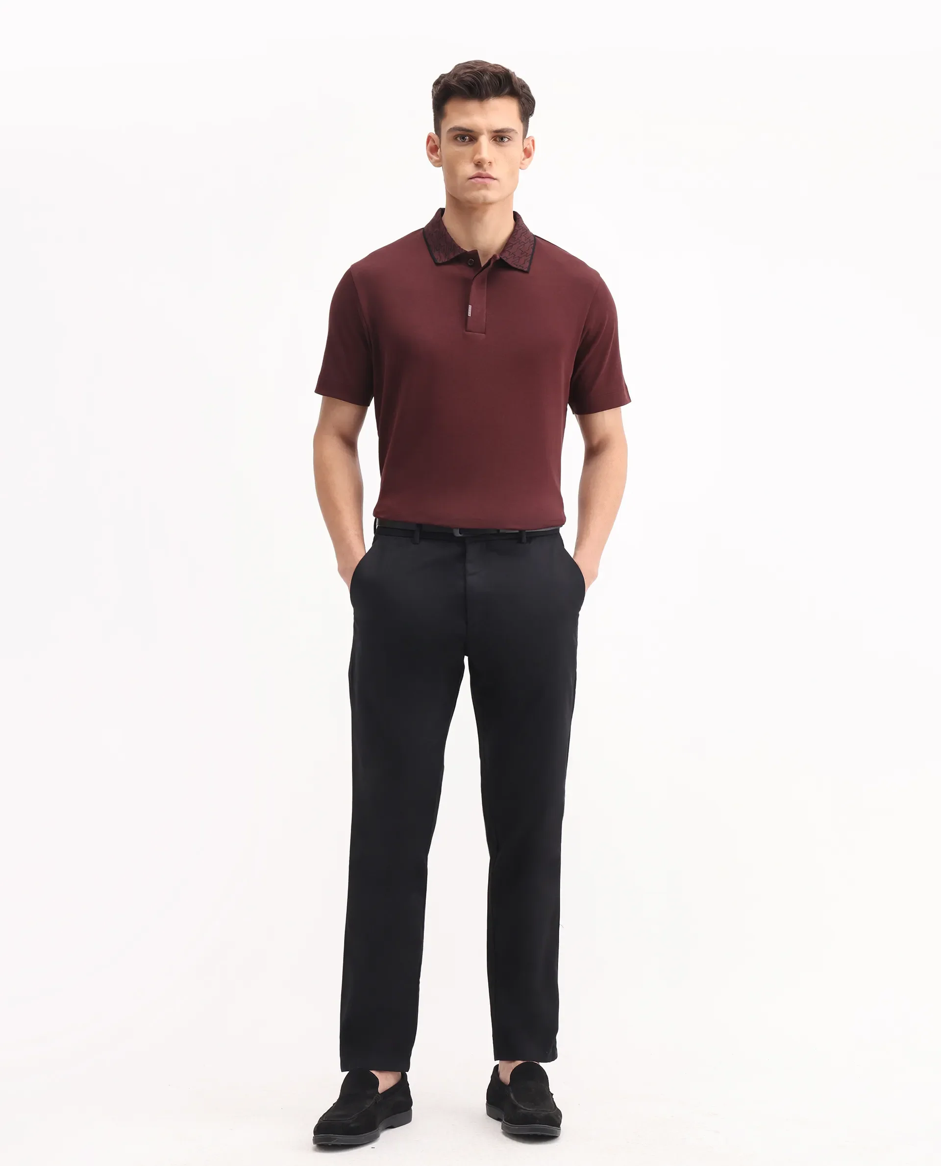 Rare Rabbit Men's Drix Dark Rust Cotton Plain Regular Fit Half Sleeve Polo - Image 2