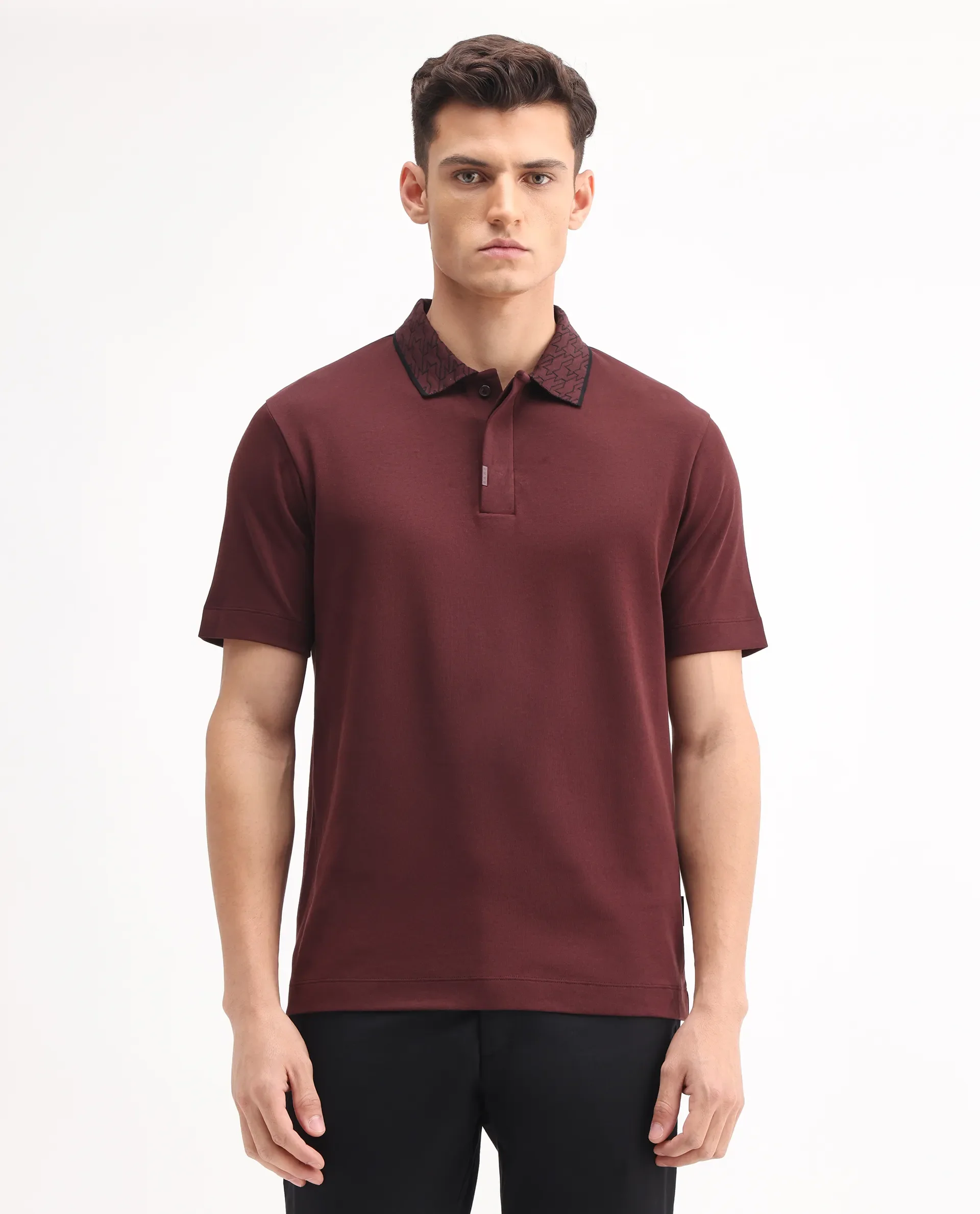 Rare Rabbit Men's Drix Dark Rust Cotton Plain Regular Fit Half Sleeve Polo - Image 3