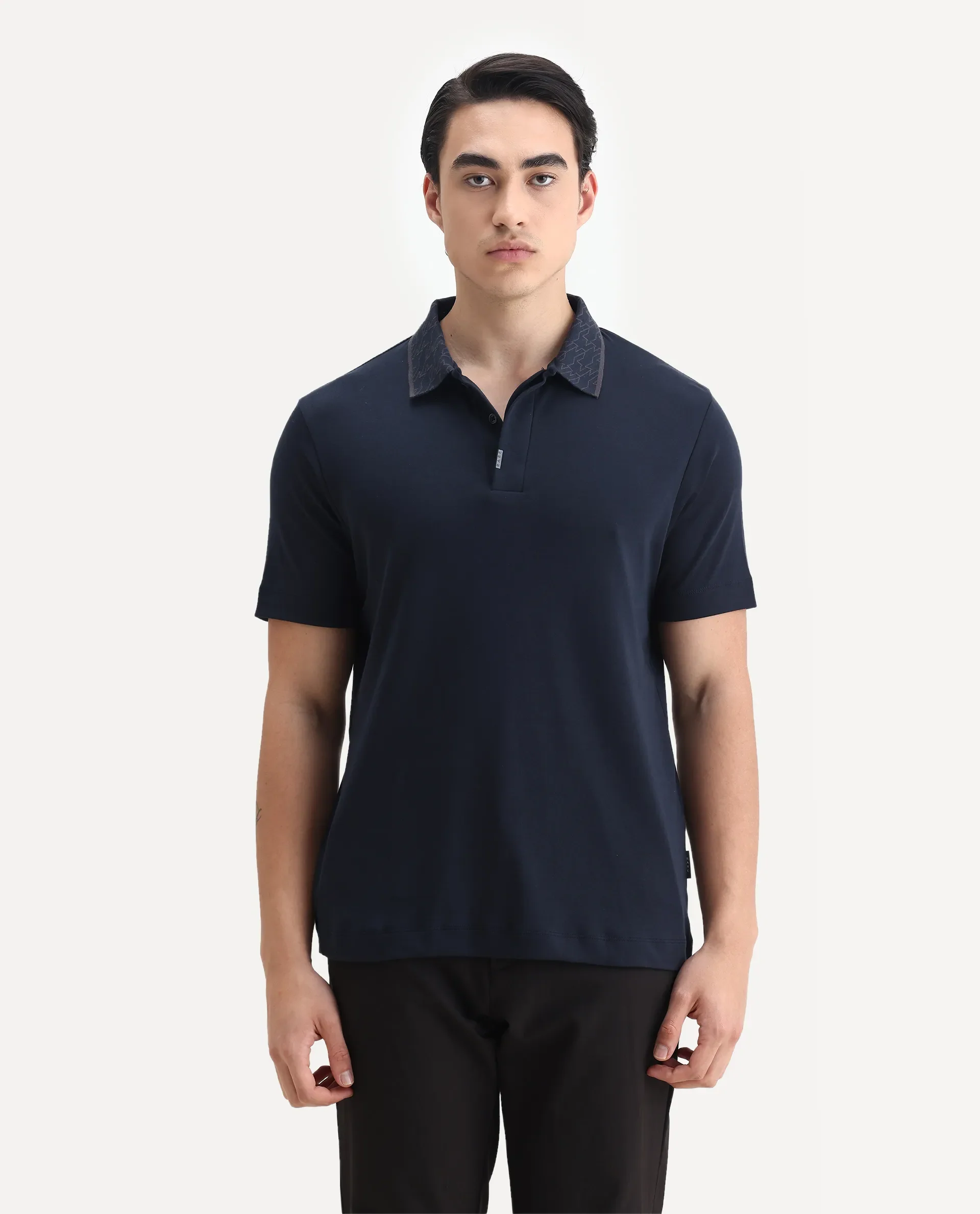 Rare Rabbit Men's Drix Navy Cotton Plain Regular Fit Half Sleeve Polo - Image 2