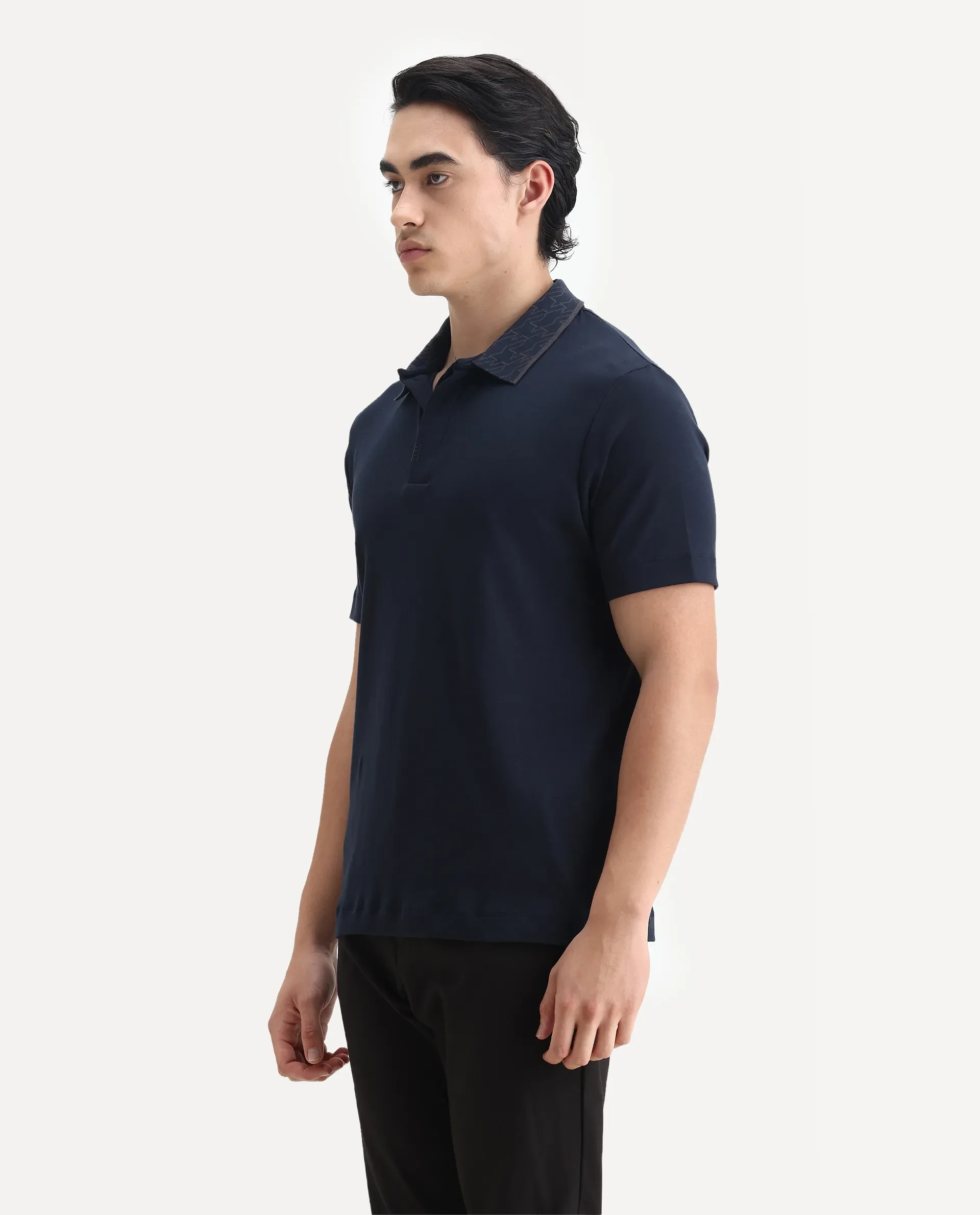 Rare Rabbit Men's Drix Navy Cotton Plain Regular Fit Half Sleeve Polo - Image 3