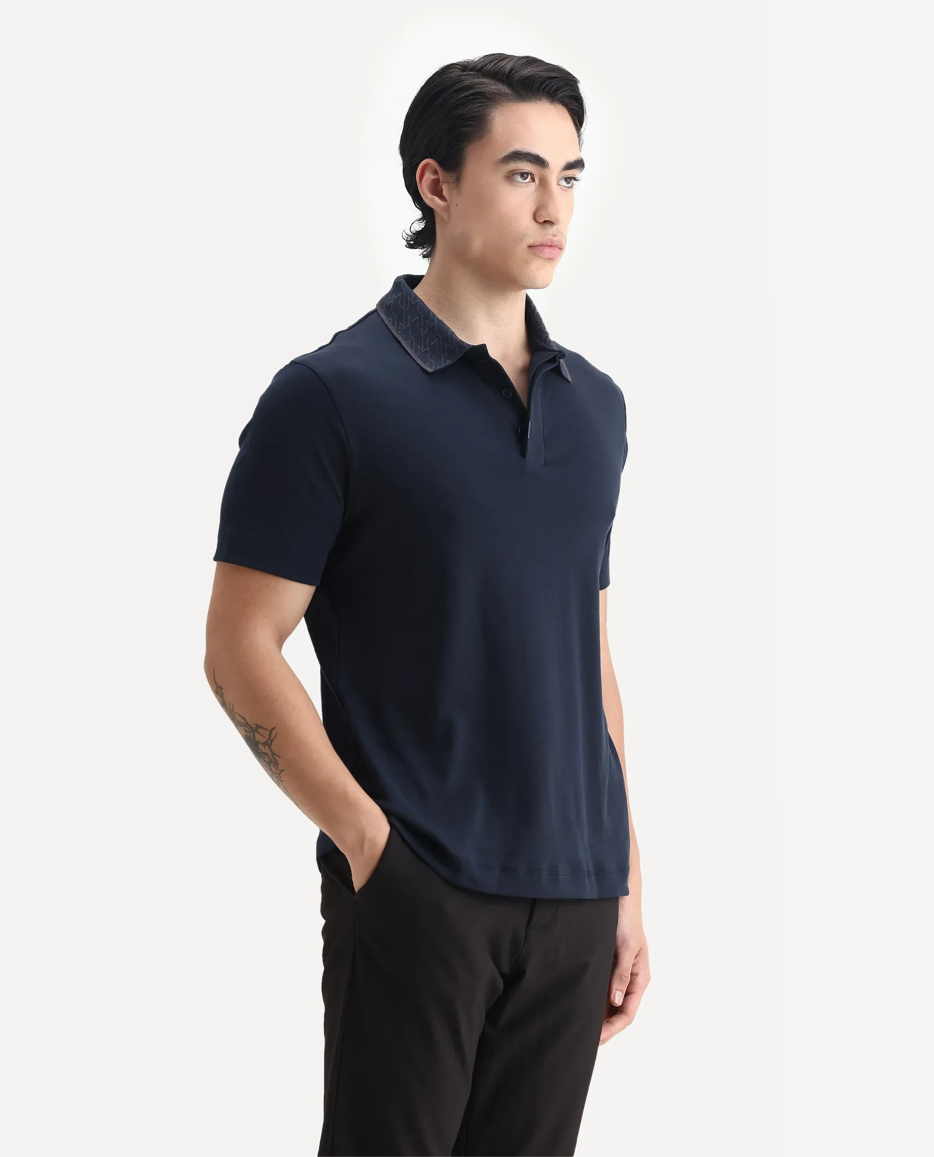 Rare Rabbit Men's Drix Navy Cotton Plain Regular Fit Half Sleeve Polo - Image 4