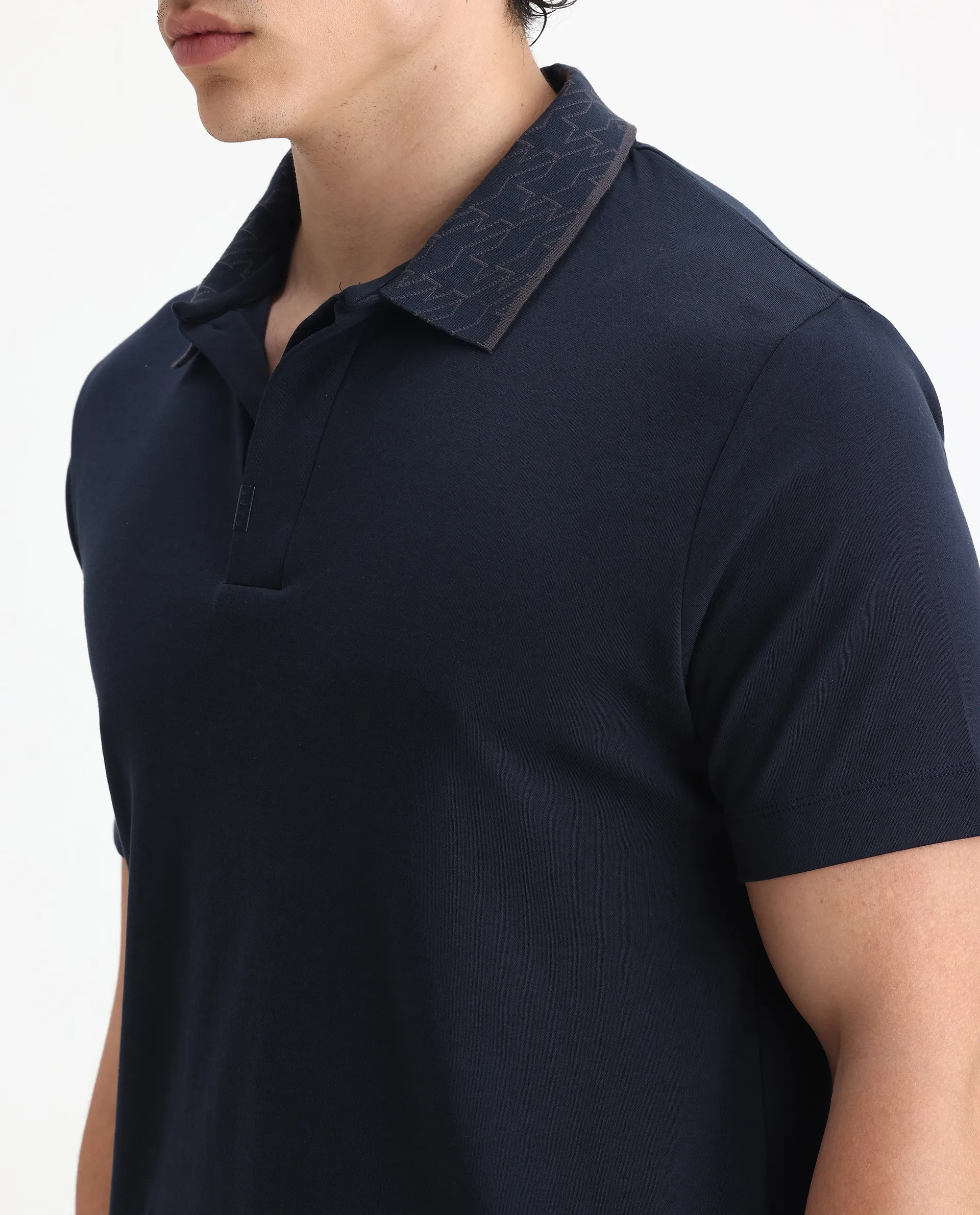 Rare Rabbit Men's Drix Navy Cotton Plain Regular Fit Half Sleeve Polo - Image 5