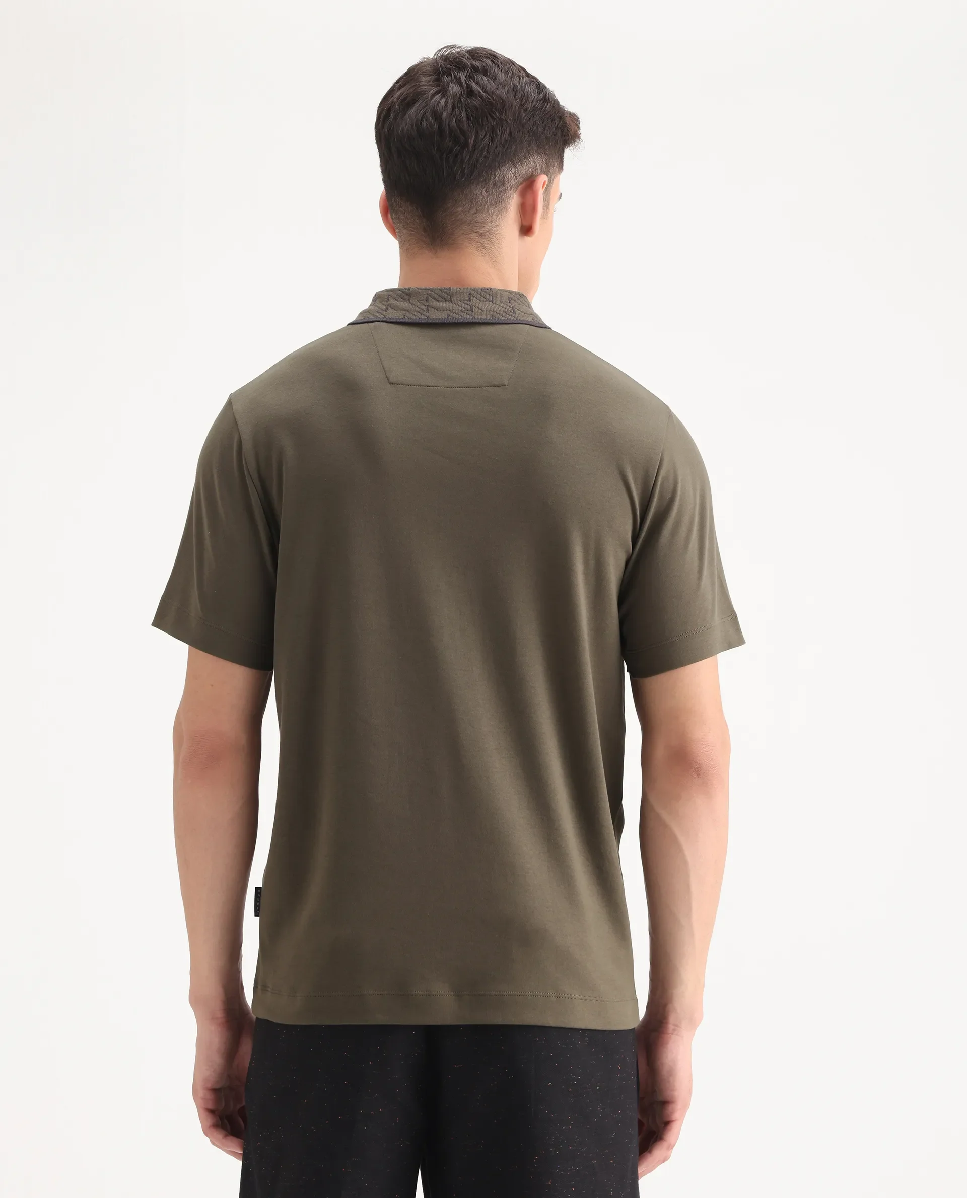 Rare Rabbit Men's Drix Olive Cotton Plain Regular Fit Half Sleeve Polo - Image 10