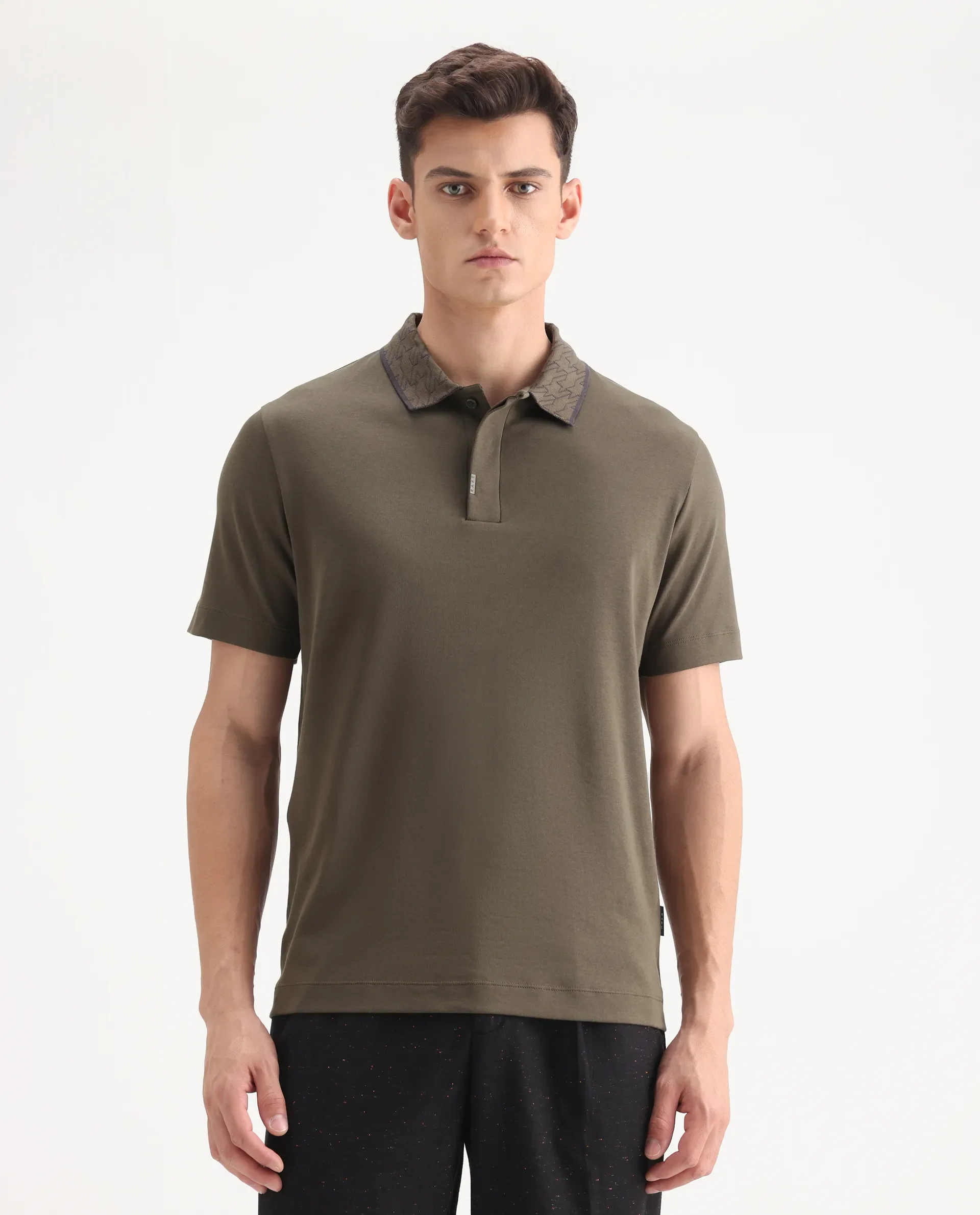 Rare Rabbit Men's Drix Olive Cotton Plain Regular Fit Half Sleeve Polo - Image 5