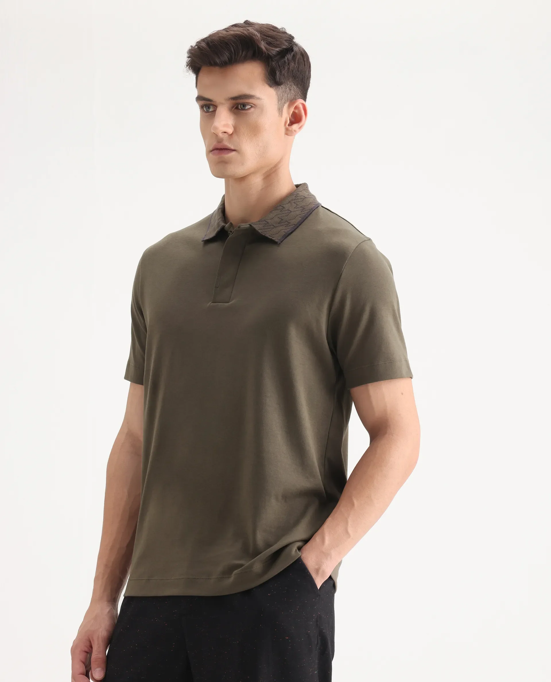 Rare Rabbit Men's Drix Olive Cotton Plain Regular Fit Half Sleeve Polo - Image 7