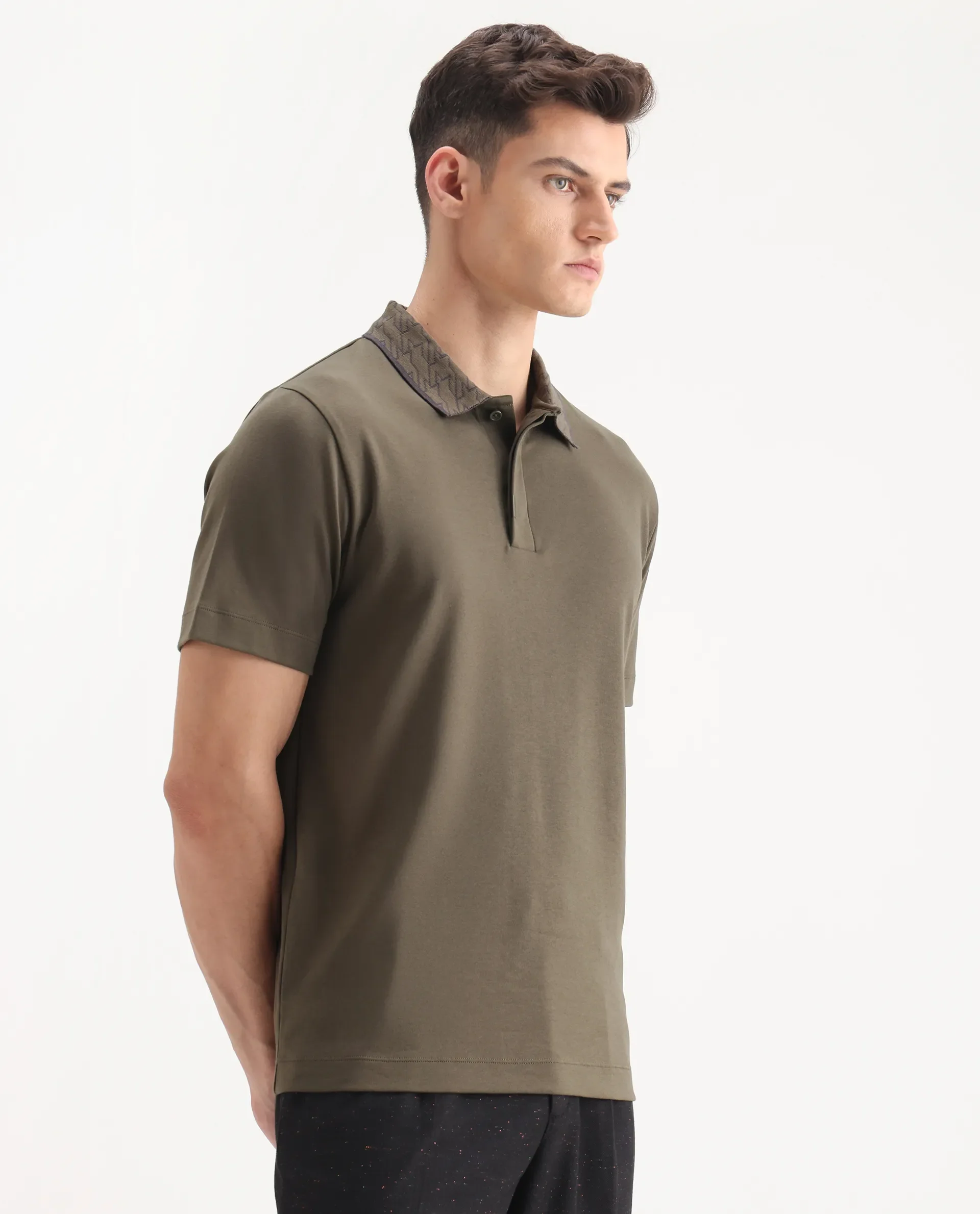 Rare Rabbit Men's Drix Olive Cotton Plain Regular Fit Half Sleeve Polo - Image 8