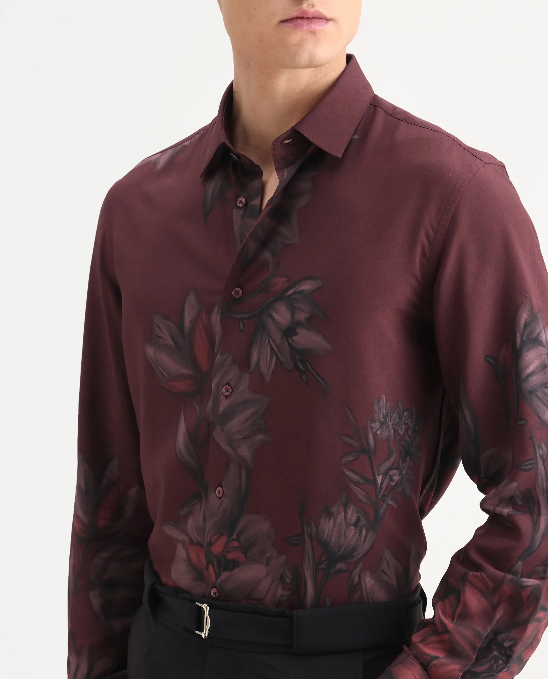 Rare Rabbit Men's Drix Red Viscose Fabric Spread Collar Regular Fit Floral Print Shirt - Image 4