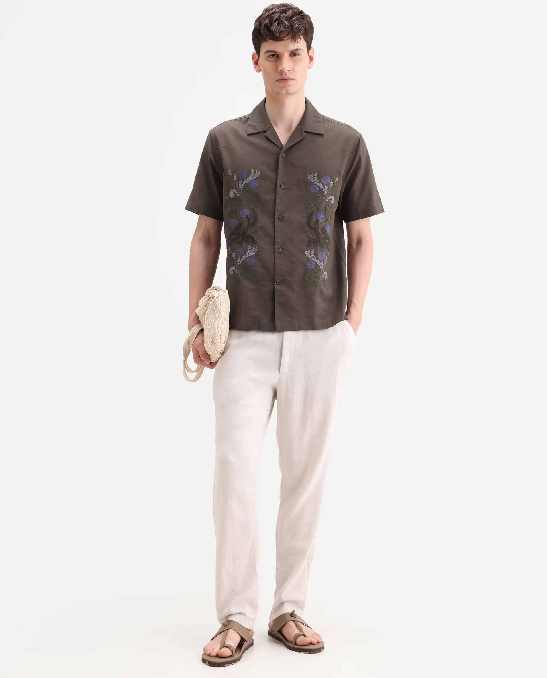 Rare Rabbit Men's Drof Dusky Olive Cotton Blend Fabric Half Sleeve Cuban Collar Regular Fit Embroidered Shirt - Image 2