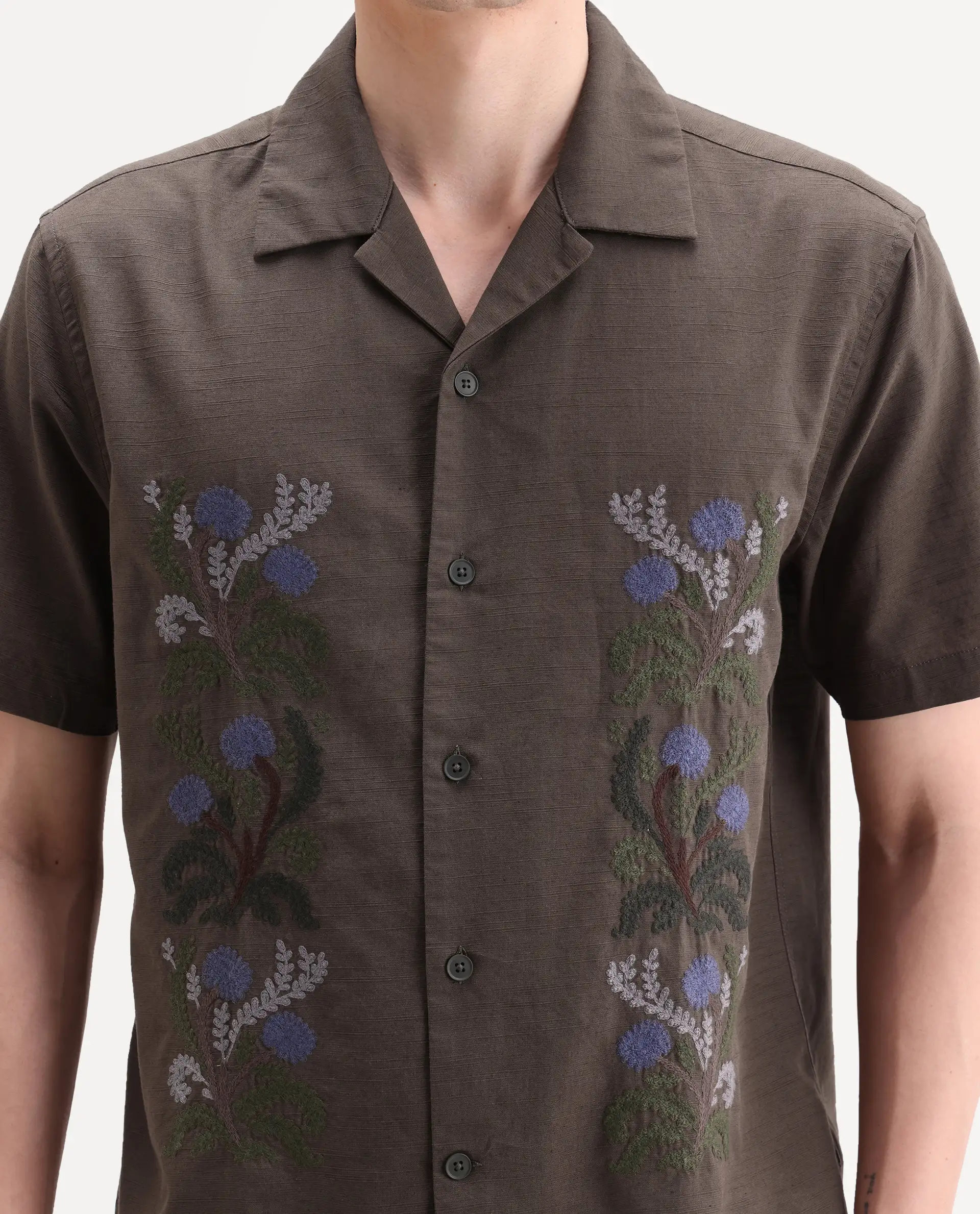Rare Rabbit Men's Drof Dusky Olive Cotton Blend Fabric Half Sleeve Cuban Collar Regular Fit Embroidered Shirt - Image 3