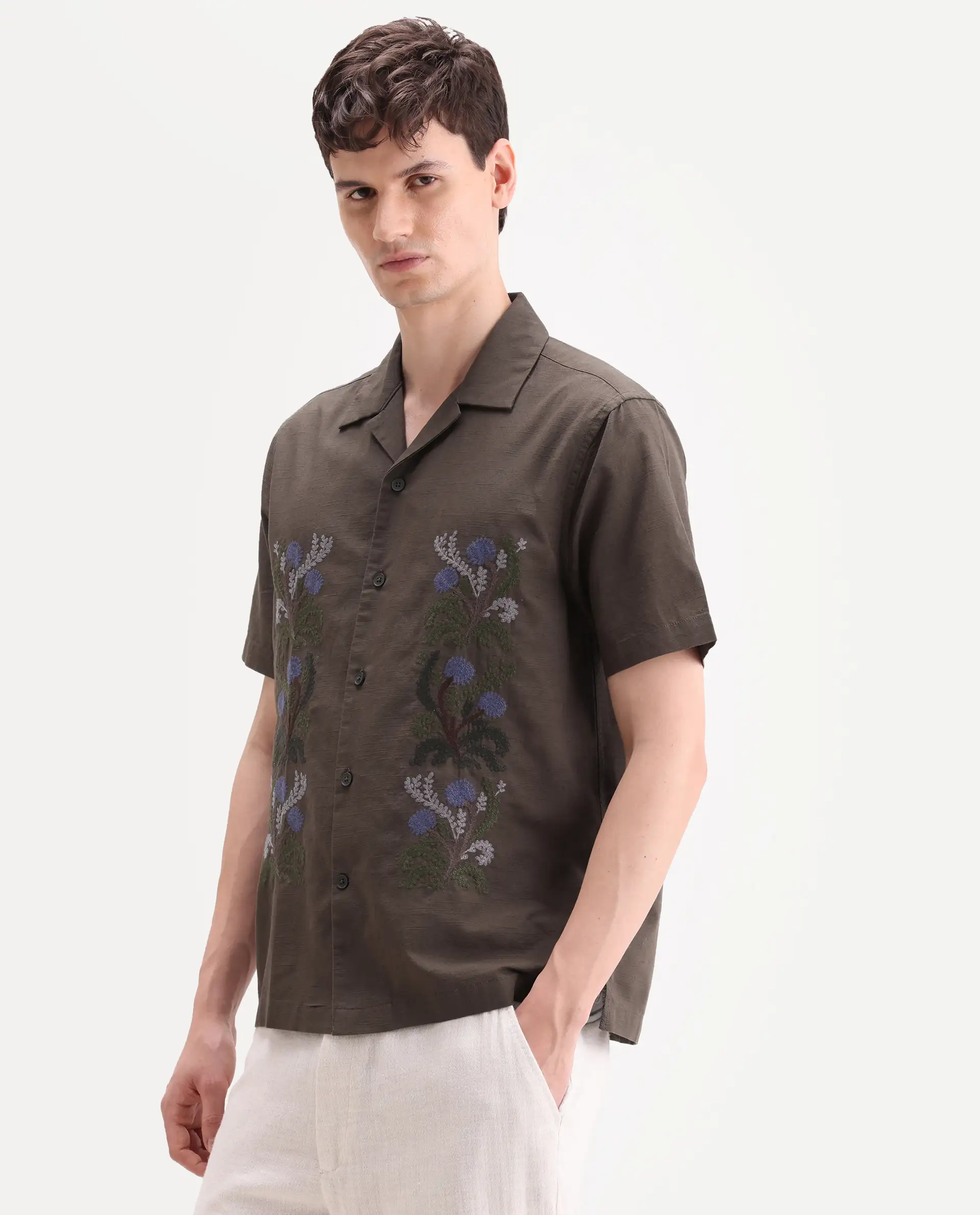 Rare Rabbit Men's Drof Dusky Olive Cotton Blend Fabric Half Sleeve Cuban Collar Regular Fit Embroidered Shirt - Image 4