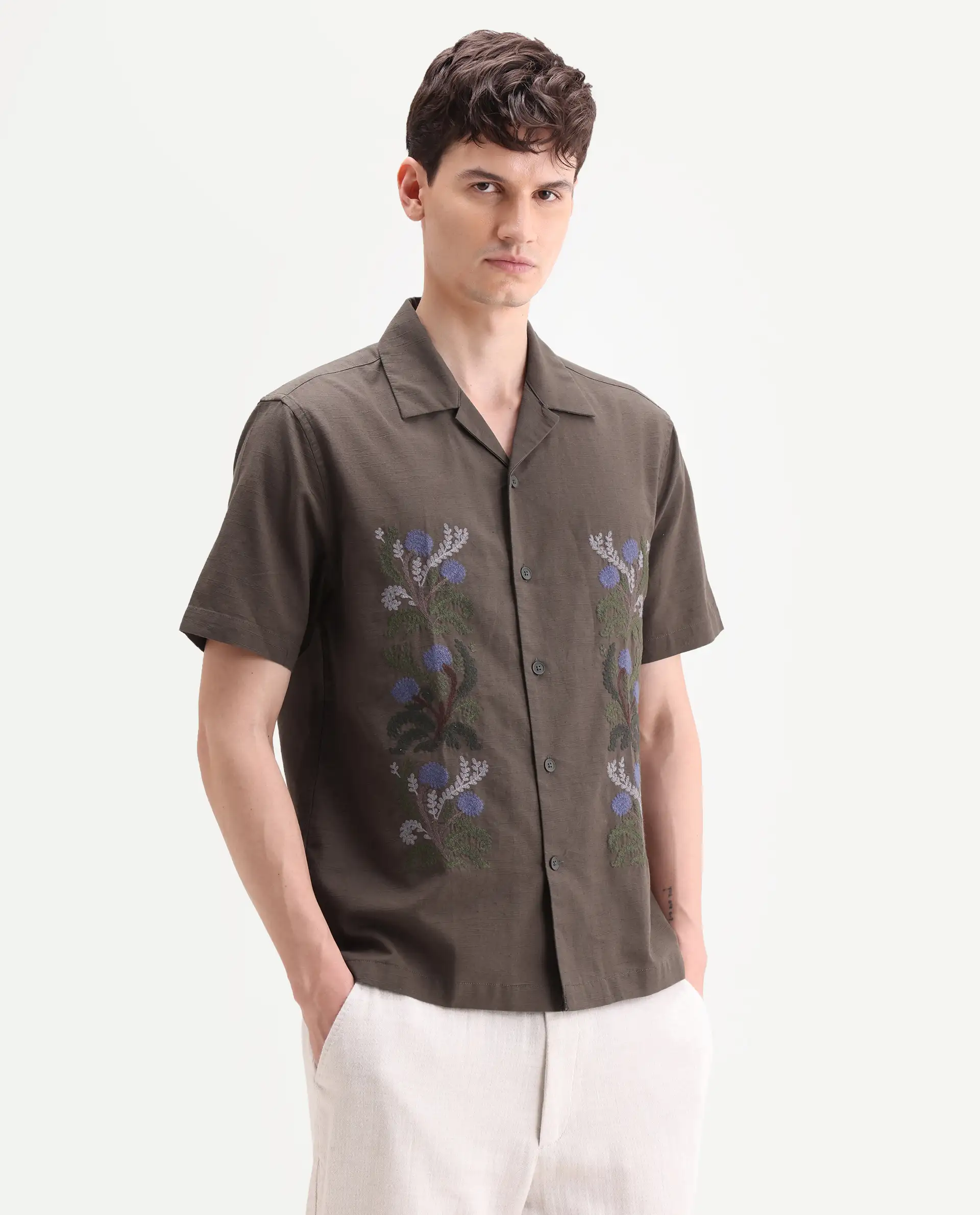 Rare Rabbit Men's Drof Dusky Olive Cotton Blend Fabric Half Sleeve Cuban Collar Regular Fit Embroidered Shirt - Image 5