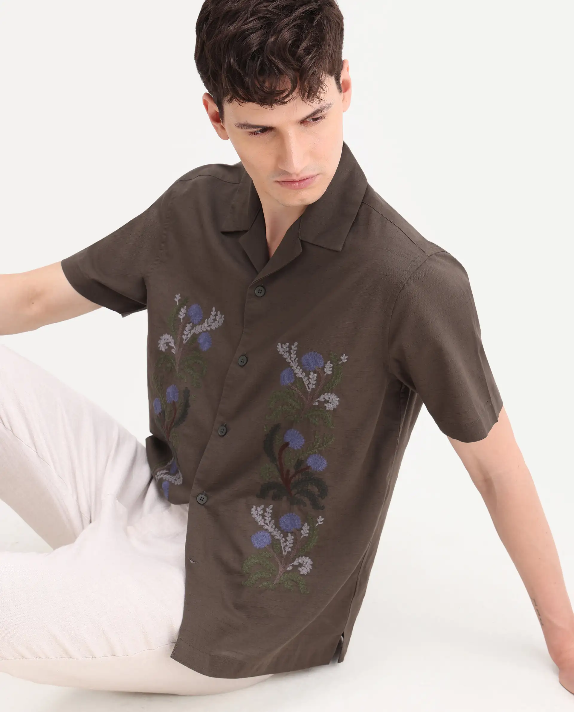Rare Rabbit Men's Drof Dusky Olive Cotton Blend Fabric Half Sleeve Cuban Collar Regular Fit Embroidered Shirt - Image 6