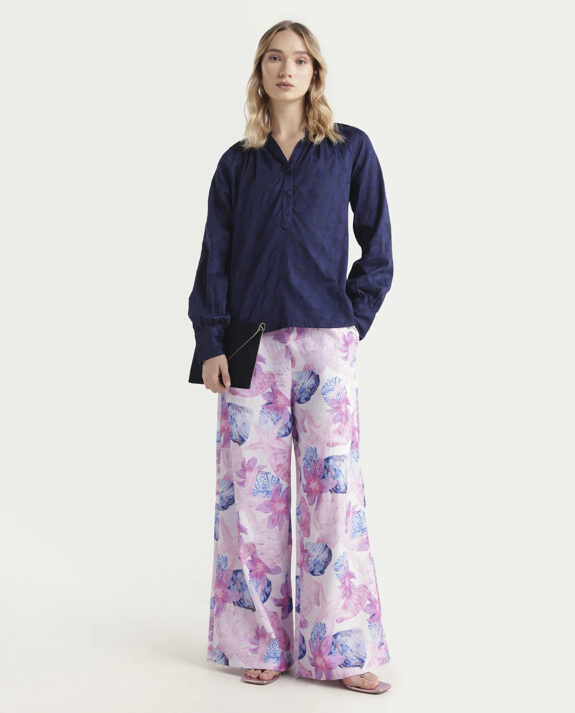 Rareism Women's Droff Dark Blue Polyester Mandarin Collar Floral Print Cuffed Sleeve Regular Fit Top - Image 2