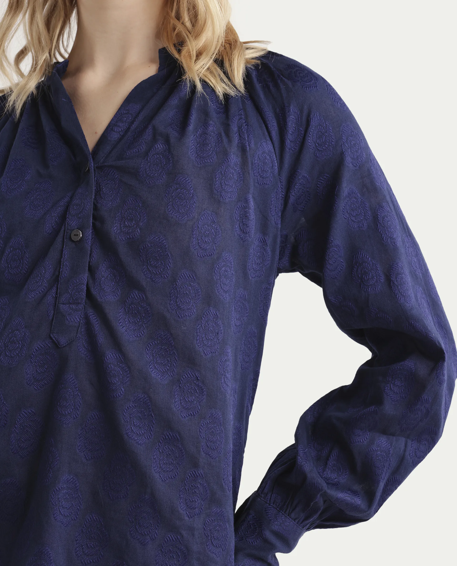 Rareism Women's Droff Dark Blue Polyester Mandarin Collar Floral Print Cuffed Sleeve Regular Fit Top - Image 3