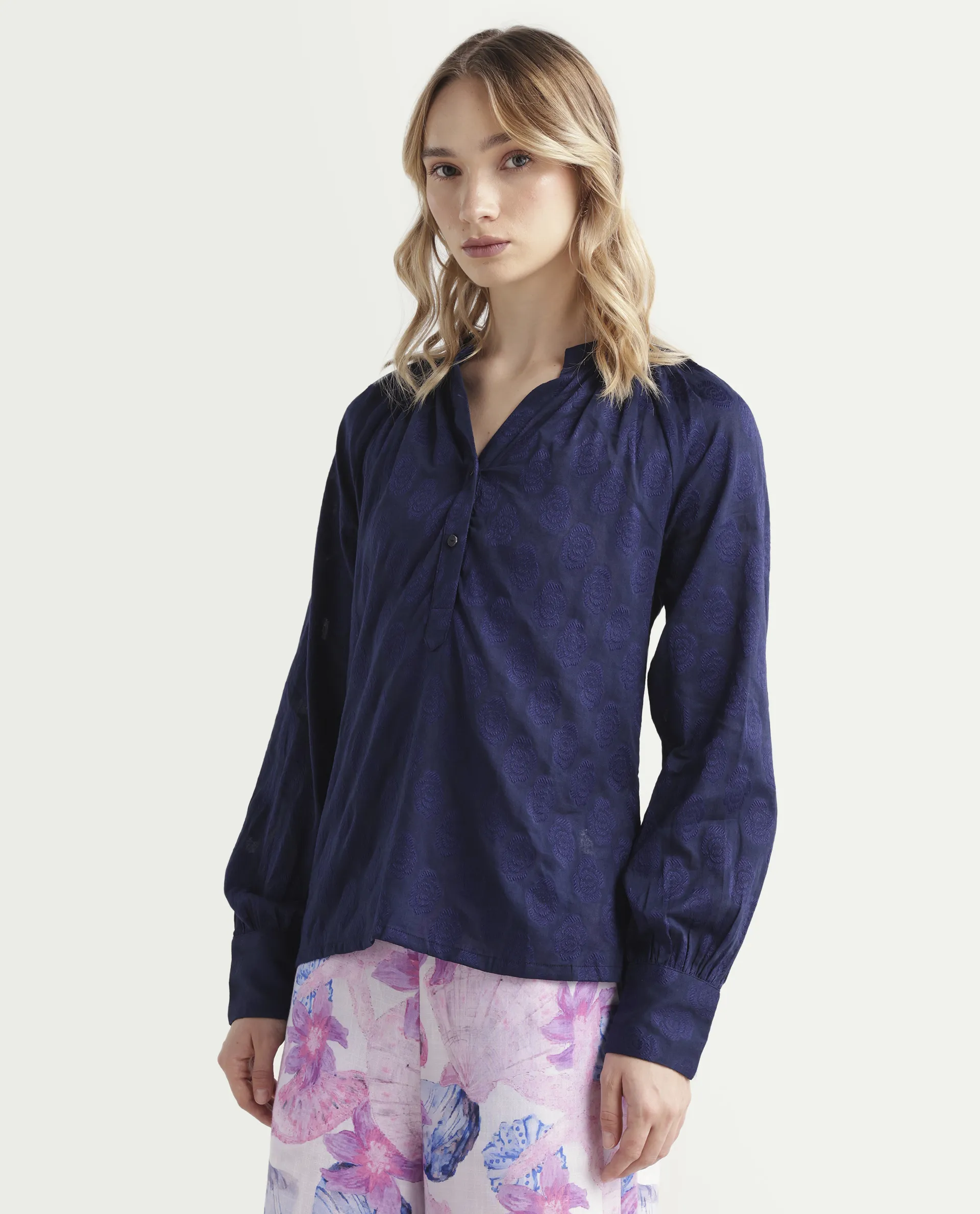 Rareism Women's Droff Dark Blue Polyester Mandarin Collar Floral Print Cuffed Sleeve Regular Fit Top - Image 4
