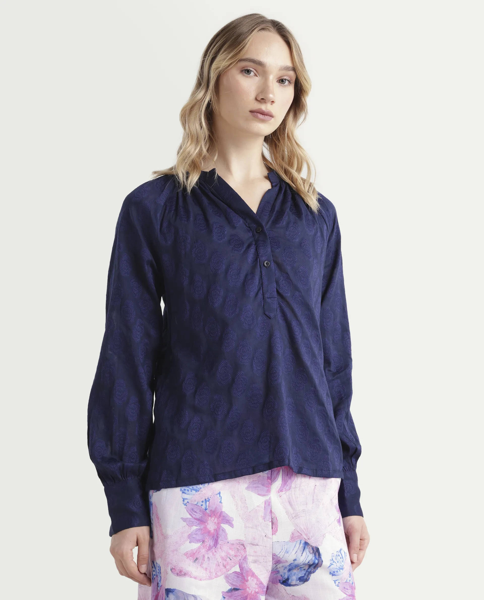 Rareism Women's Droff Dark Blue Polyester Mandarin Collar Floral Print Cuffed Sleeve Regular Fit Top - Image 5