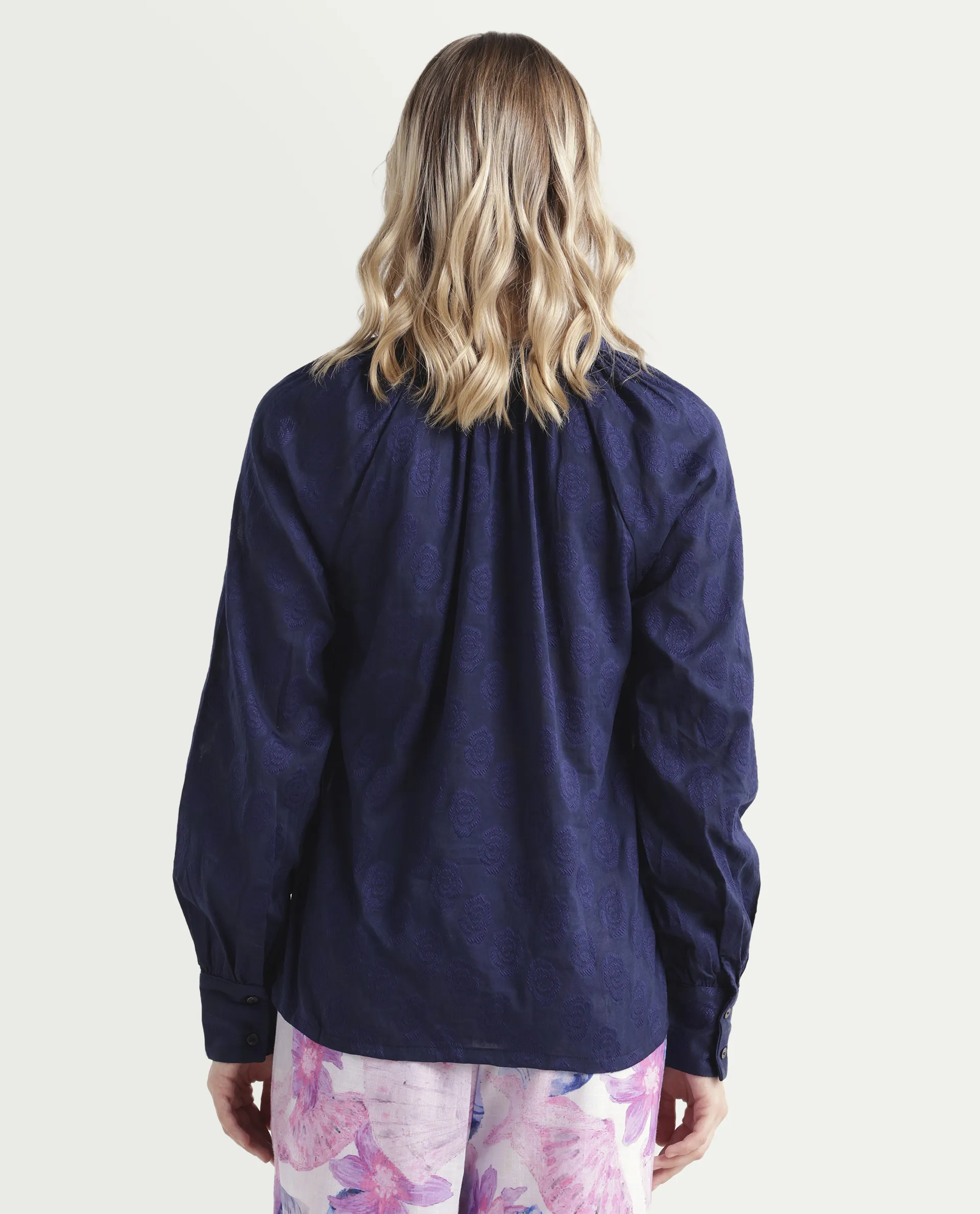 Rareism Women's Droff Dark Blue Polyester Mandarin Collar Floral Print Cuffed Sleeve Regular Fit Top - Image 6