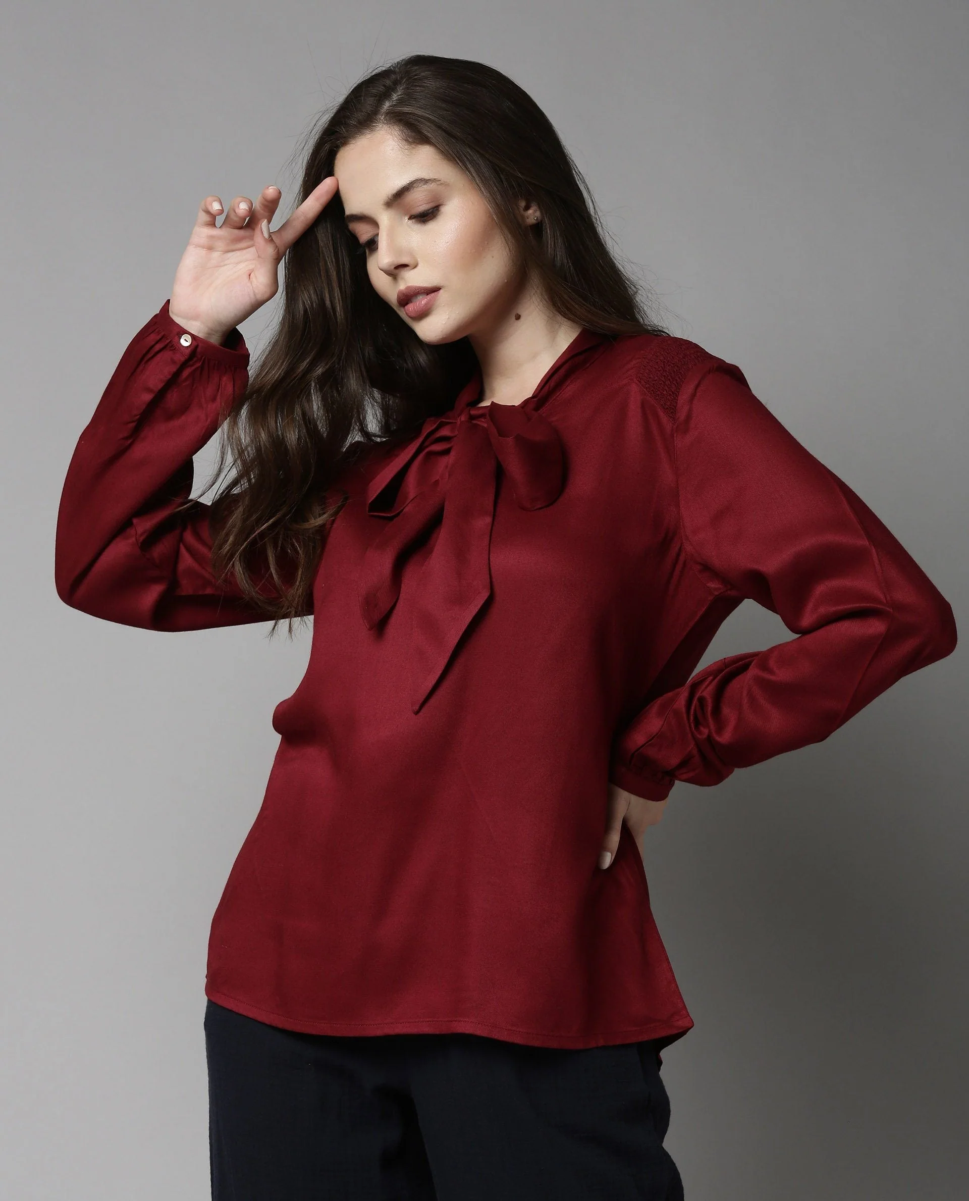 Rareism Women Drone Maroon Top Full Sleeves Solid