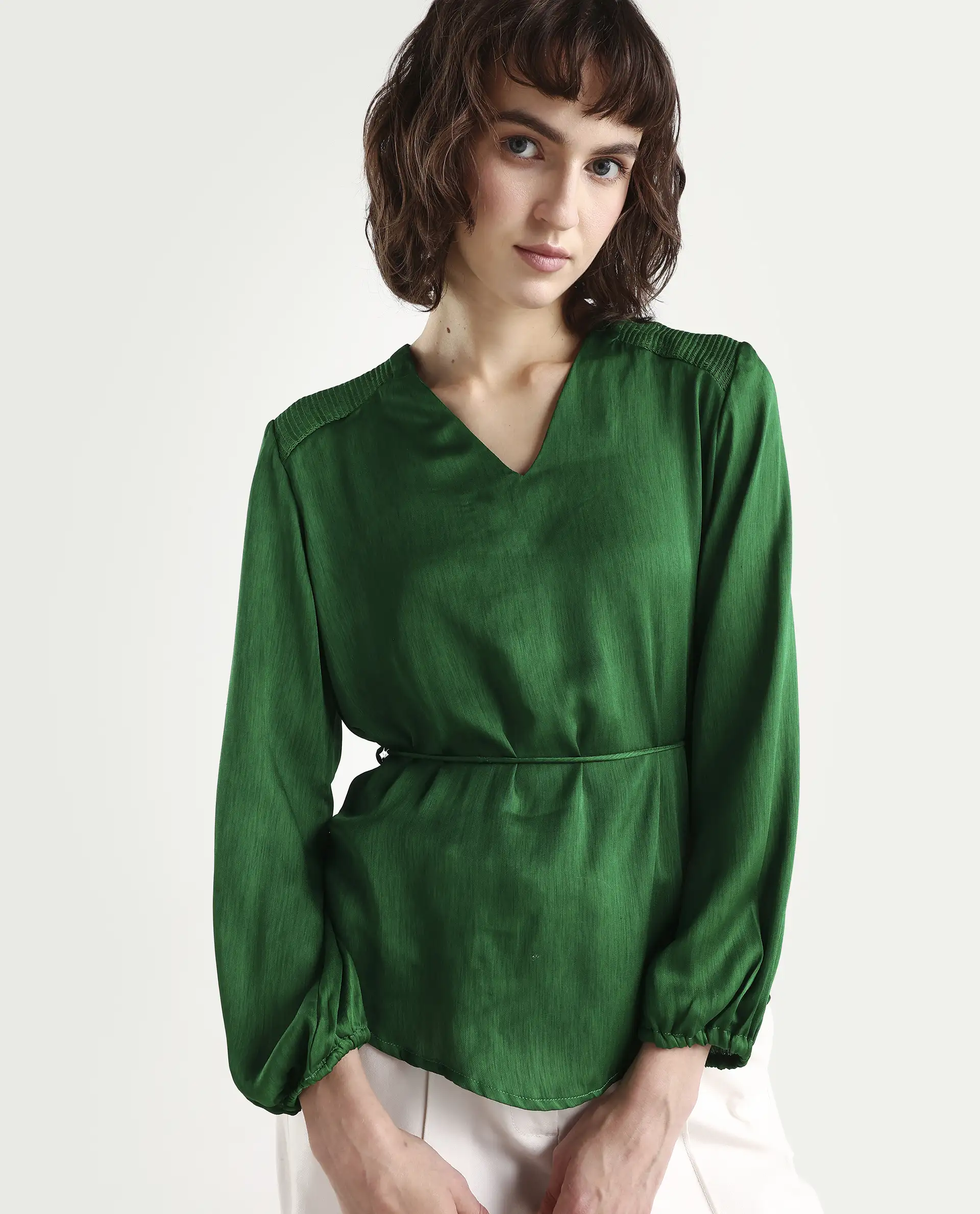Rareism Womens Dronite Green Top Polyester Fabric Full Sleeve V Neck