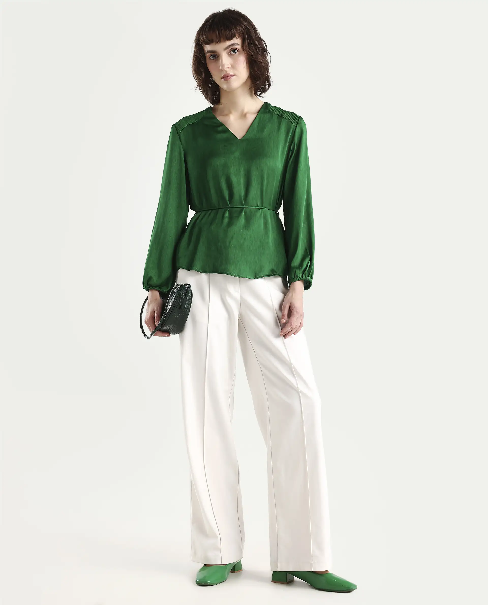 Rareism Womens Dronite Green Top Polyester Fabric Full Sleeve V Neck - Image 2
