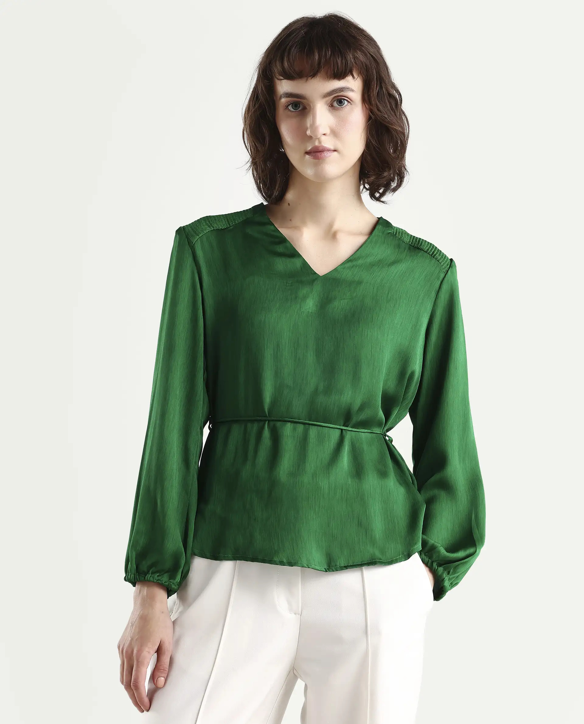 Rareism Womens Dronite Green Top Polyester Fabric Full Sleeve V Neck - Image 3