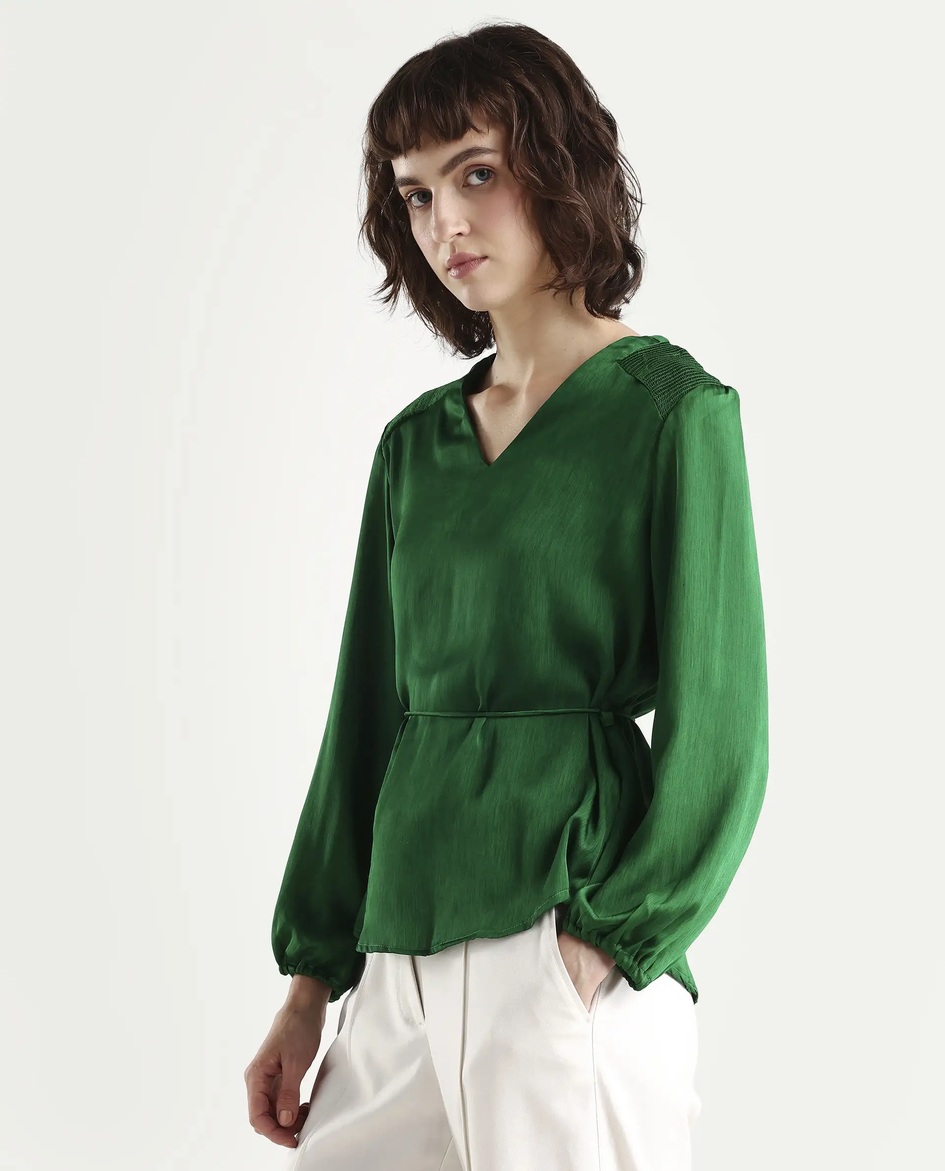 Rareism Womens Dronite Green Top Polyester Fabric Full Sleeve V Neck - Image 5