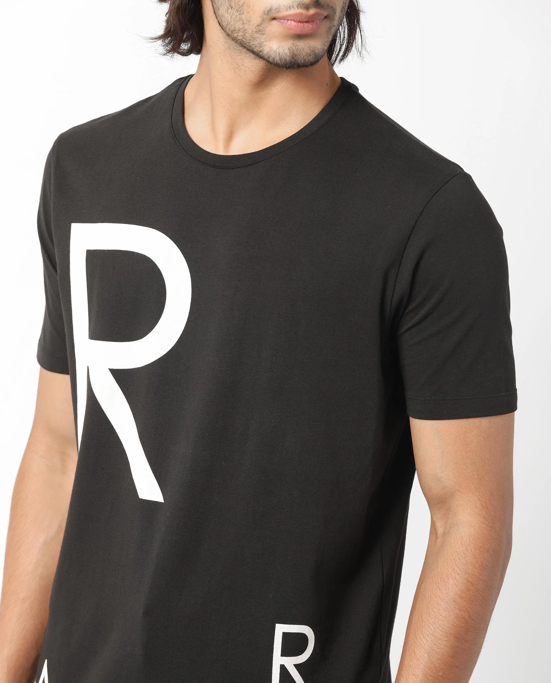 Rare Rabbit Men's Drover Black Cotton Graphic Print Slim Fit Half Sleeve Crew Neck T-Shirt - Image 2