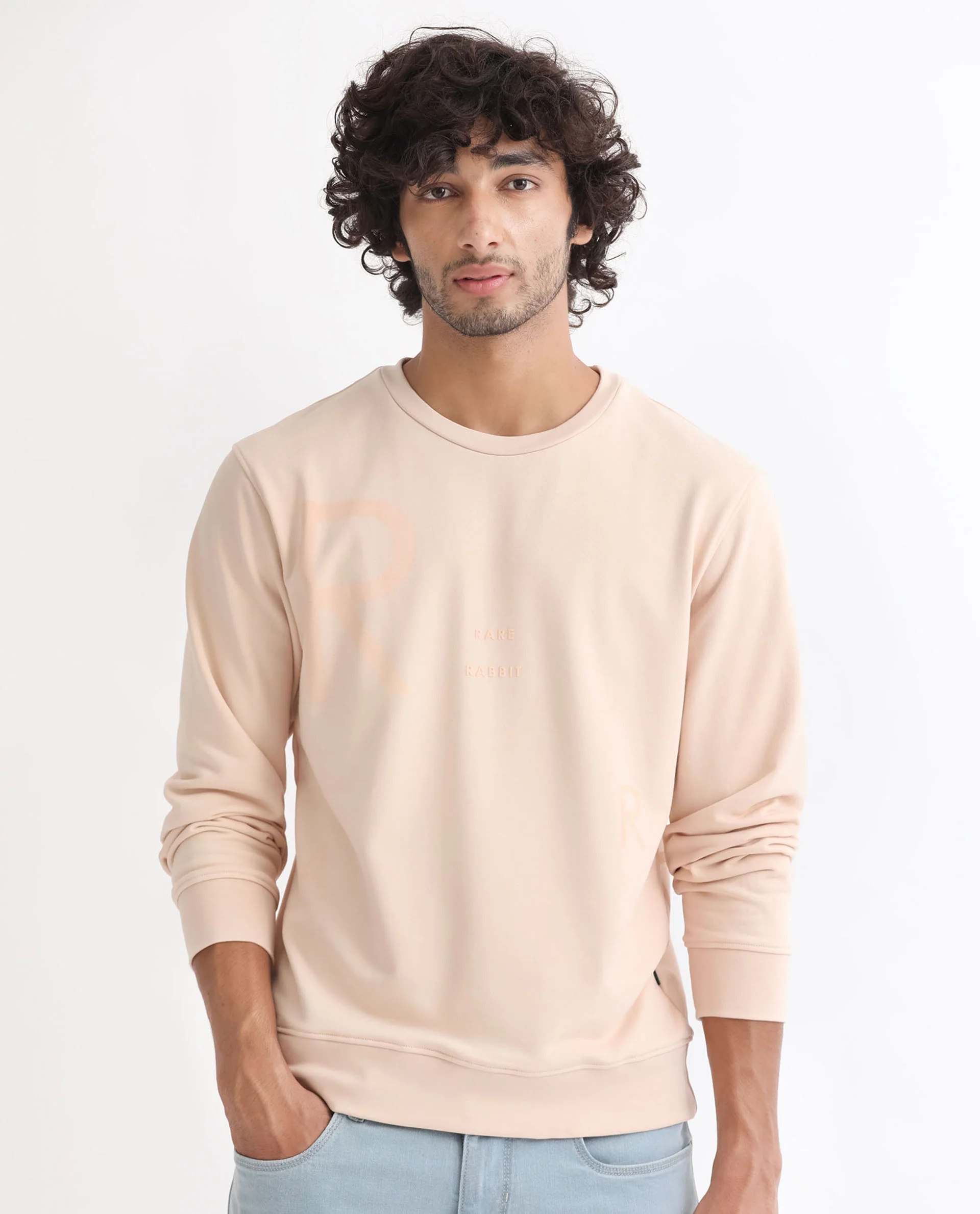 Rare Rabbit Men's Drovie Beige Cotton Graphic Print Regular Fit Full Sleeve Crew Neck Sweatshirt
