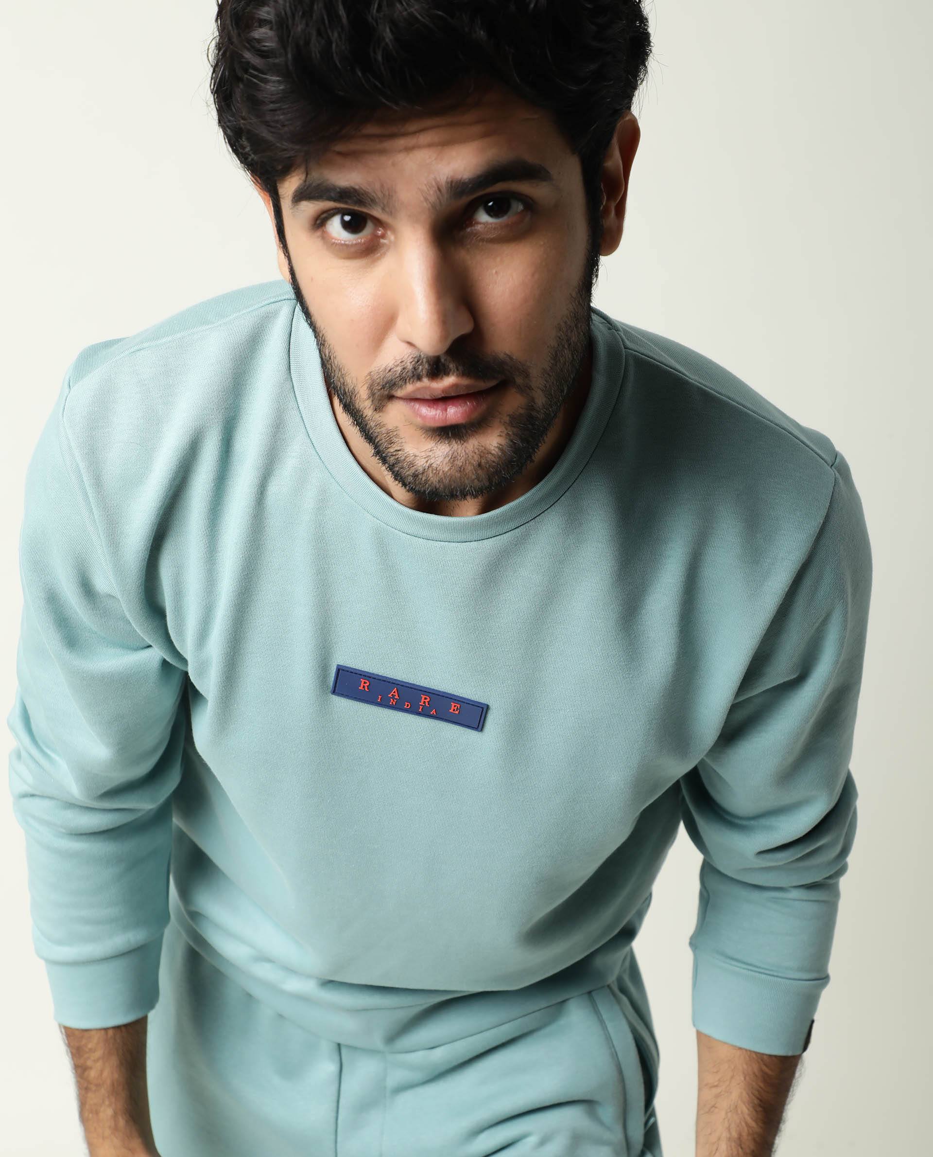 Rare Rabbit Men's Droy Blue Cotton Graphic Print Regular Fit Full Sleeve Crew Neck Sweatshirt