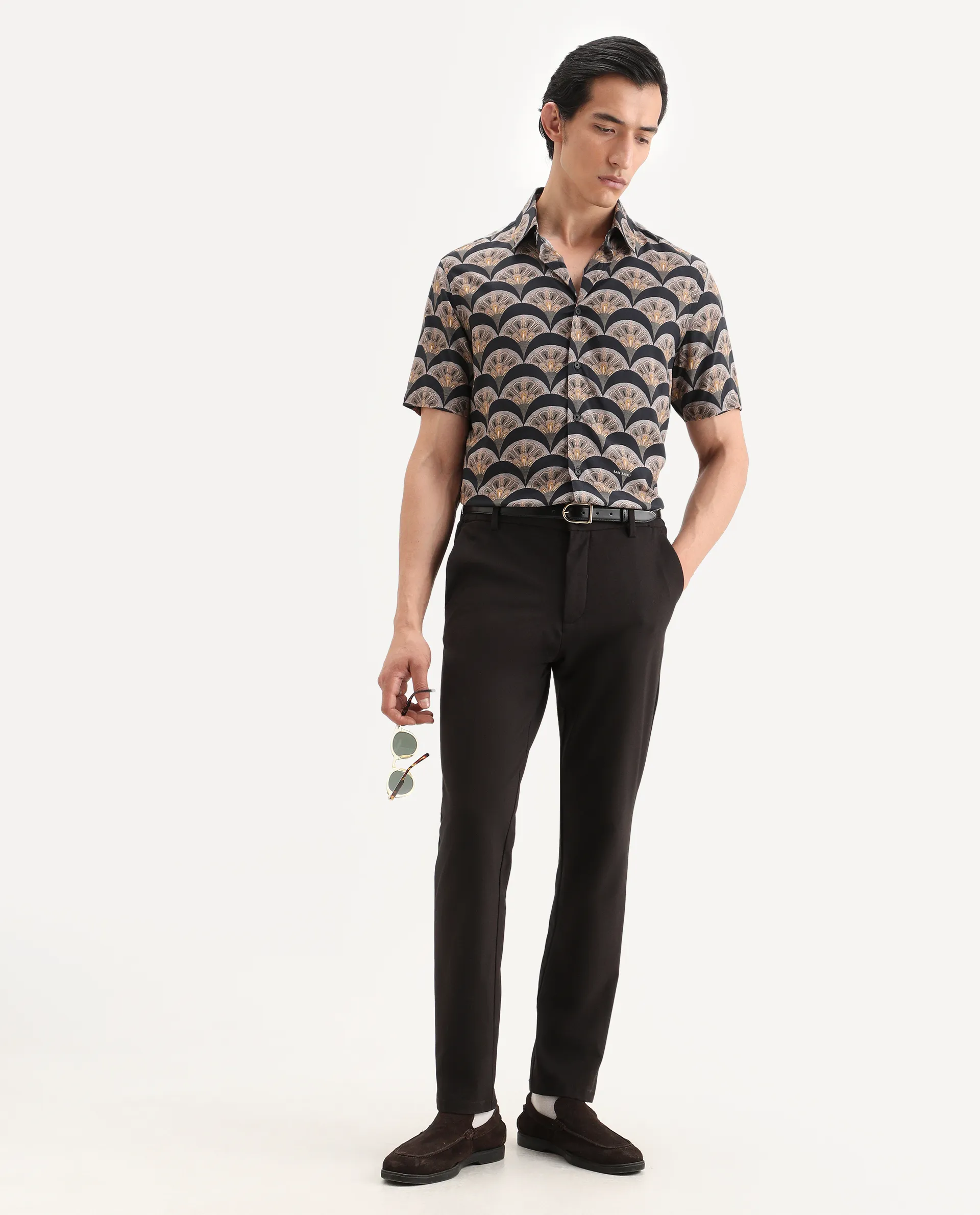 Rare Rabbit Men's Droz Black Viscose Fabric Half Sleeve Spread Collar Regular Fit Geometric Print Shirt - Image 2