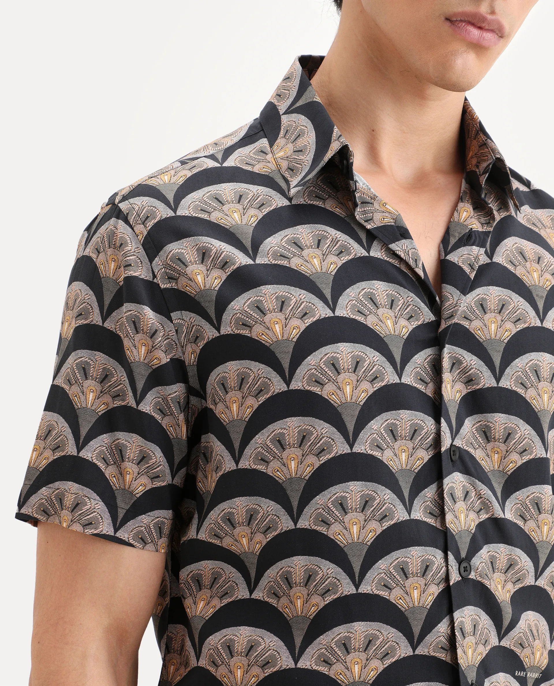 Rare Rabbit Men's Droz Black Viscose Fabric Half Sleeve Spread Collar Regular Fit Geometric Print Shirt - Image 3