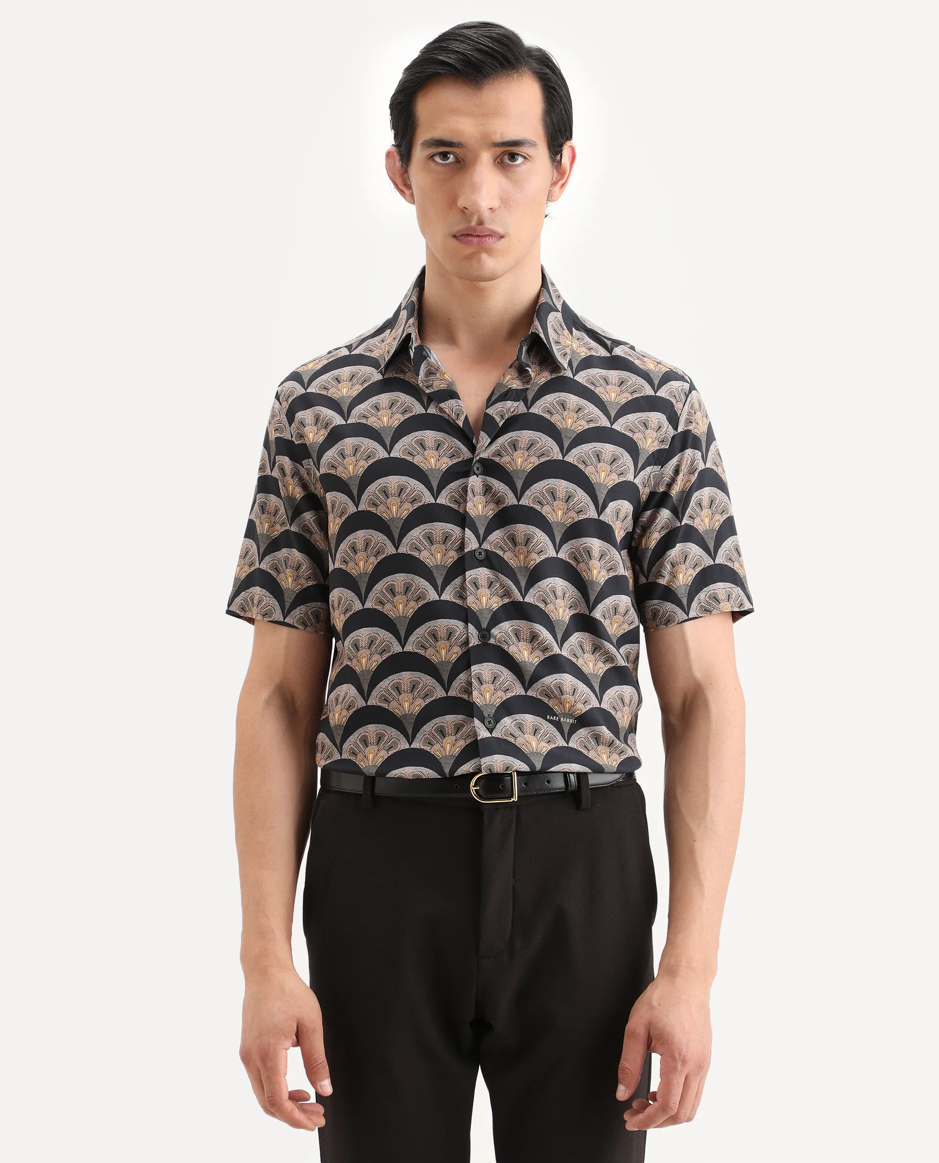 Rare Rabbit Men's Droz Black Viscose Fabric Half Sleeve Spread Collar Regular Fit Geometric Print Shirt - Image 4