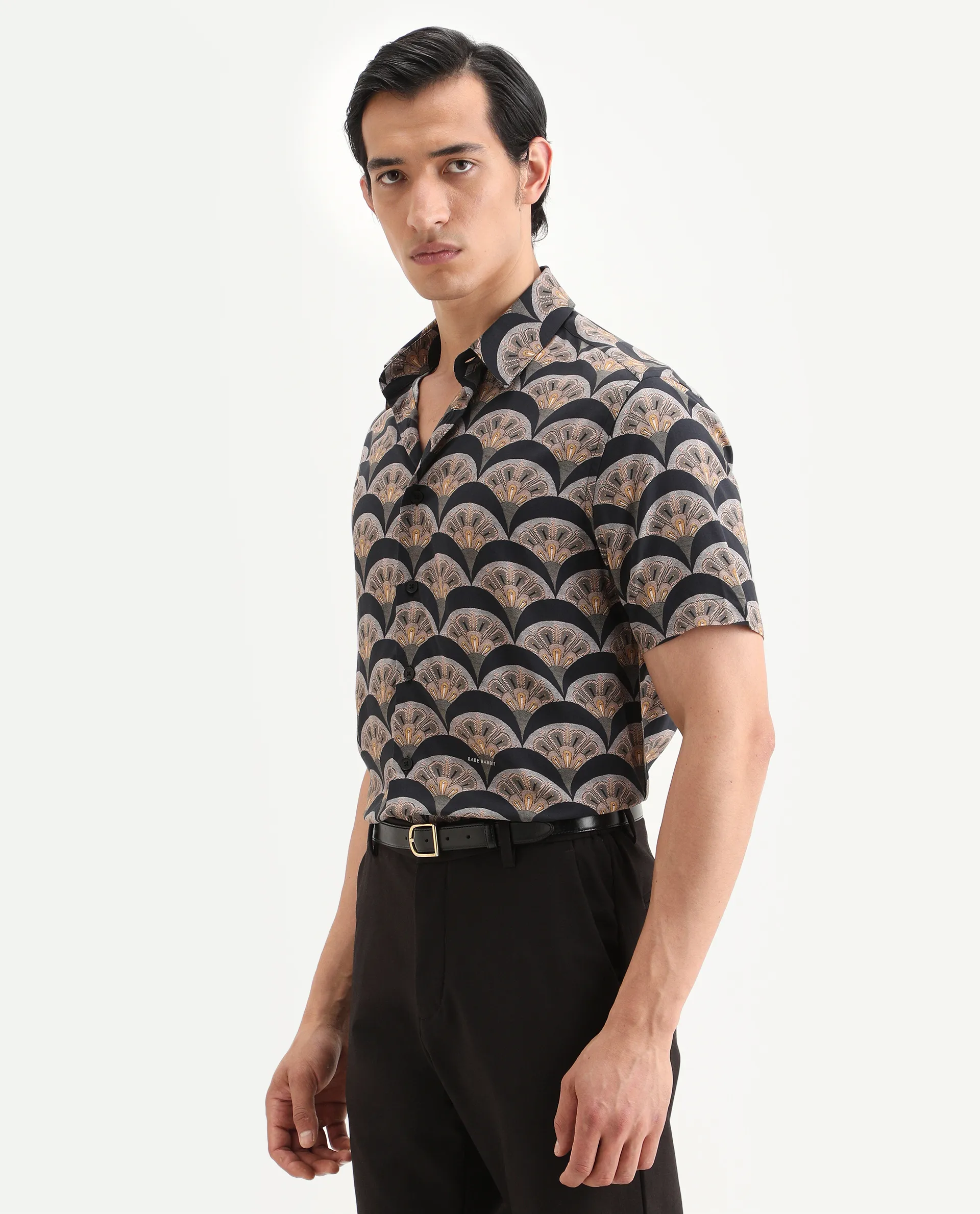 Rare Rabbit Men's Droz Black Viscose Fabric Half Sleeve Spread Collar Regular Fit Geometric Print Shirt - Image 5