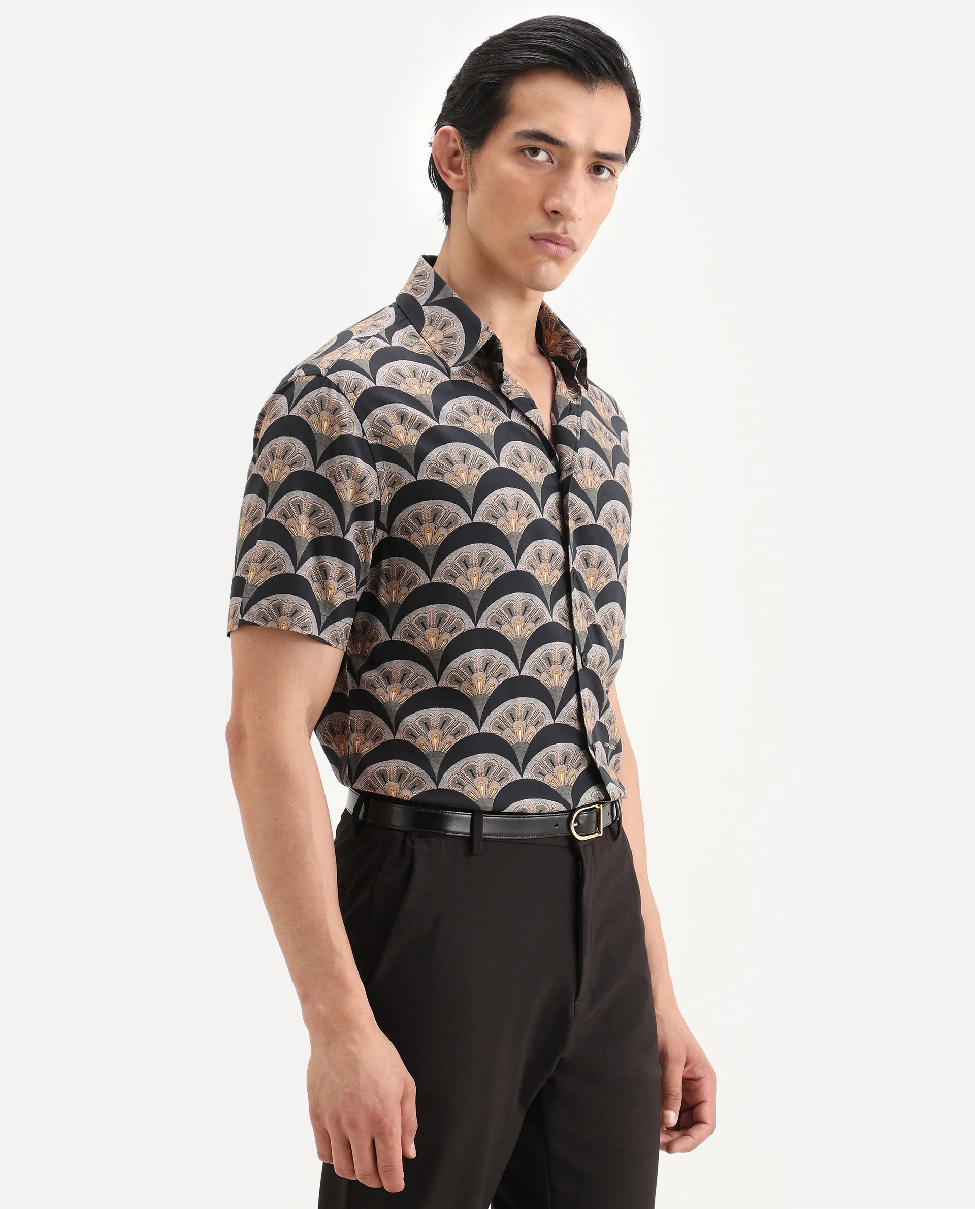 Rare Rabbit Men's Droz Black Viscose Fabric Half Sleeve Spread Collar Regular Fit Geometric Print Shirt - Image 6