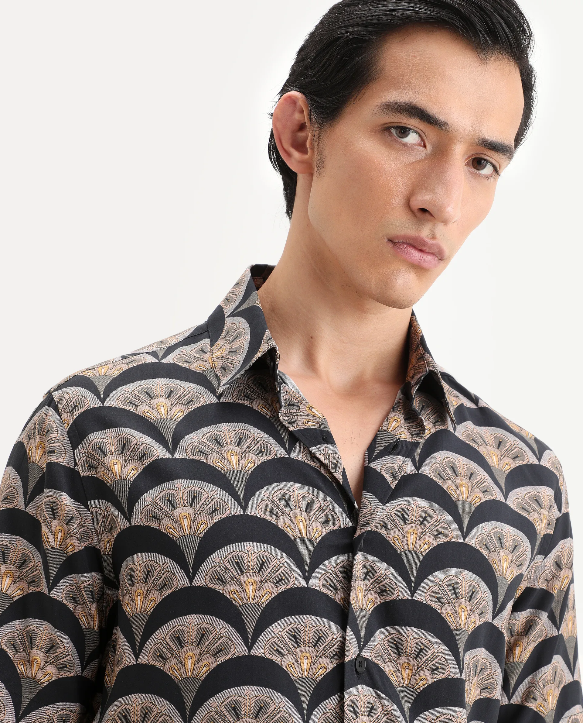 Rare Rabbit Men's Droz Black Viscose Fabric Half Sleeve Spread Collar Regular Fit Geometric Print Shirt - Image 7