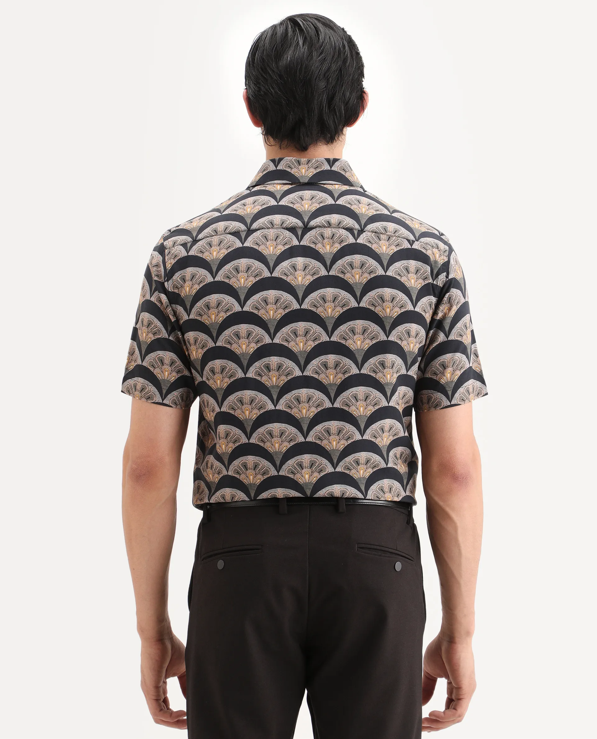 Rare Rabbit Men's Droz Black Viscose Fabric Half Sleeve Spread Collar Regular Fit Geometric Print Shirt - Image 8