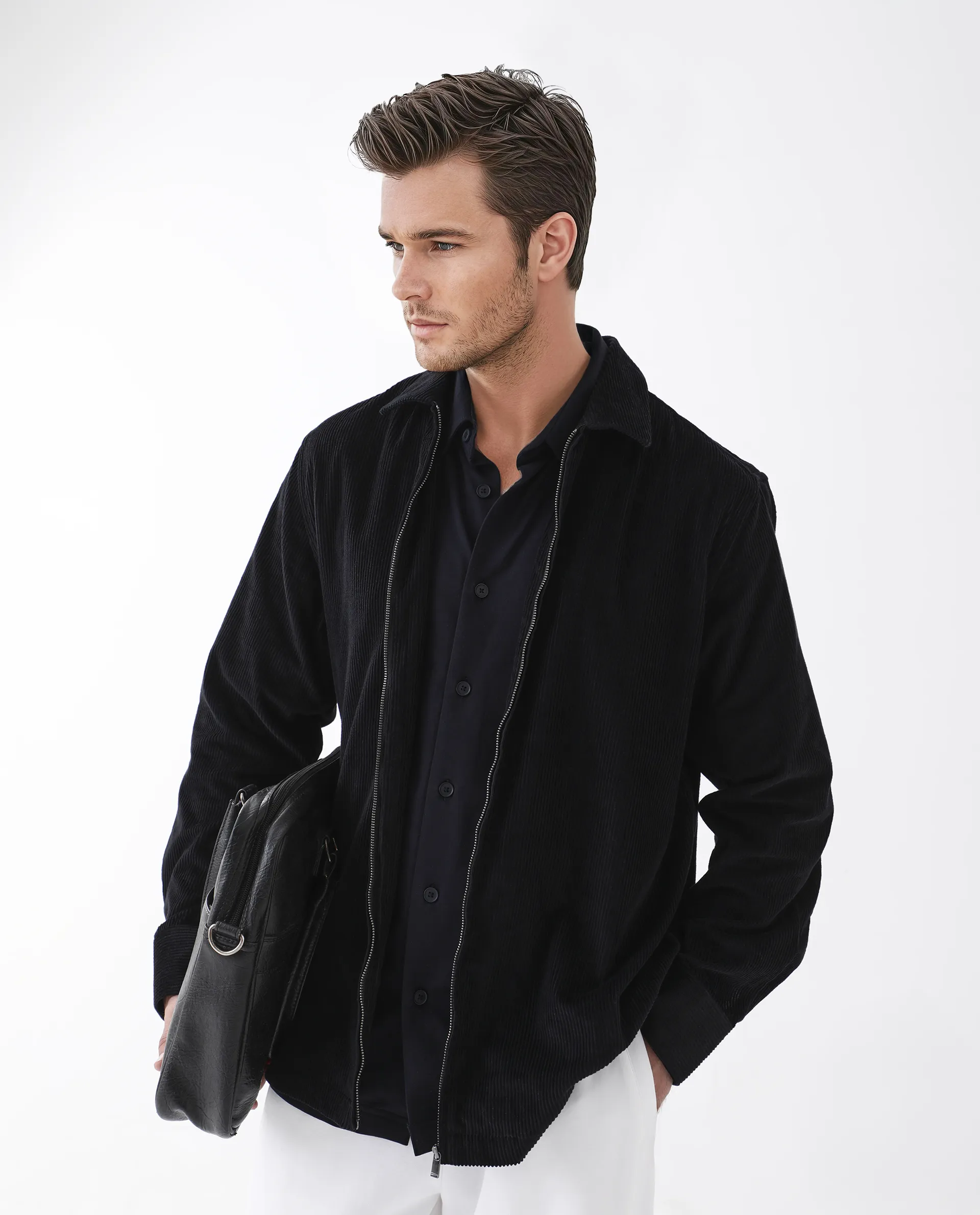Rare Rabbit Men's Drozz Black Cotton Textured Relaxed Fit Full Sleeve Collared Shirt