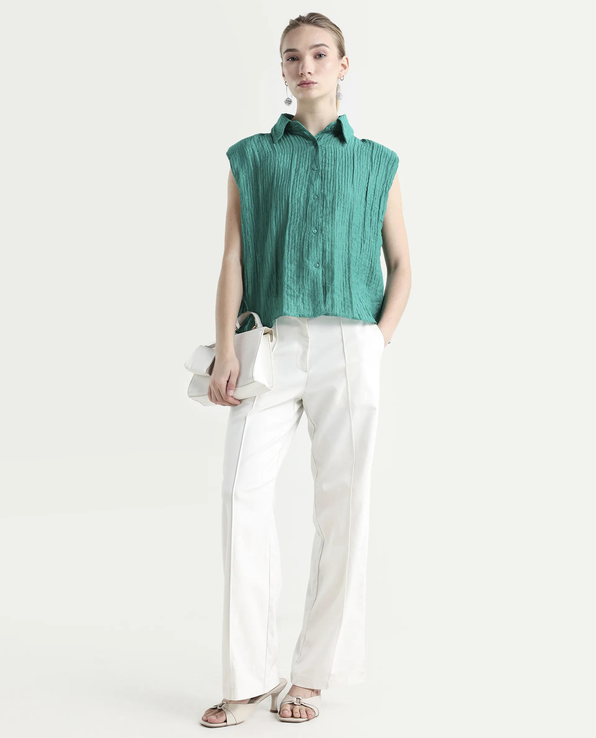 Rareism Women's Drummy Green Rayon Drop Collar Plain Sleeveless Regular Fit Top - Image 2
