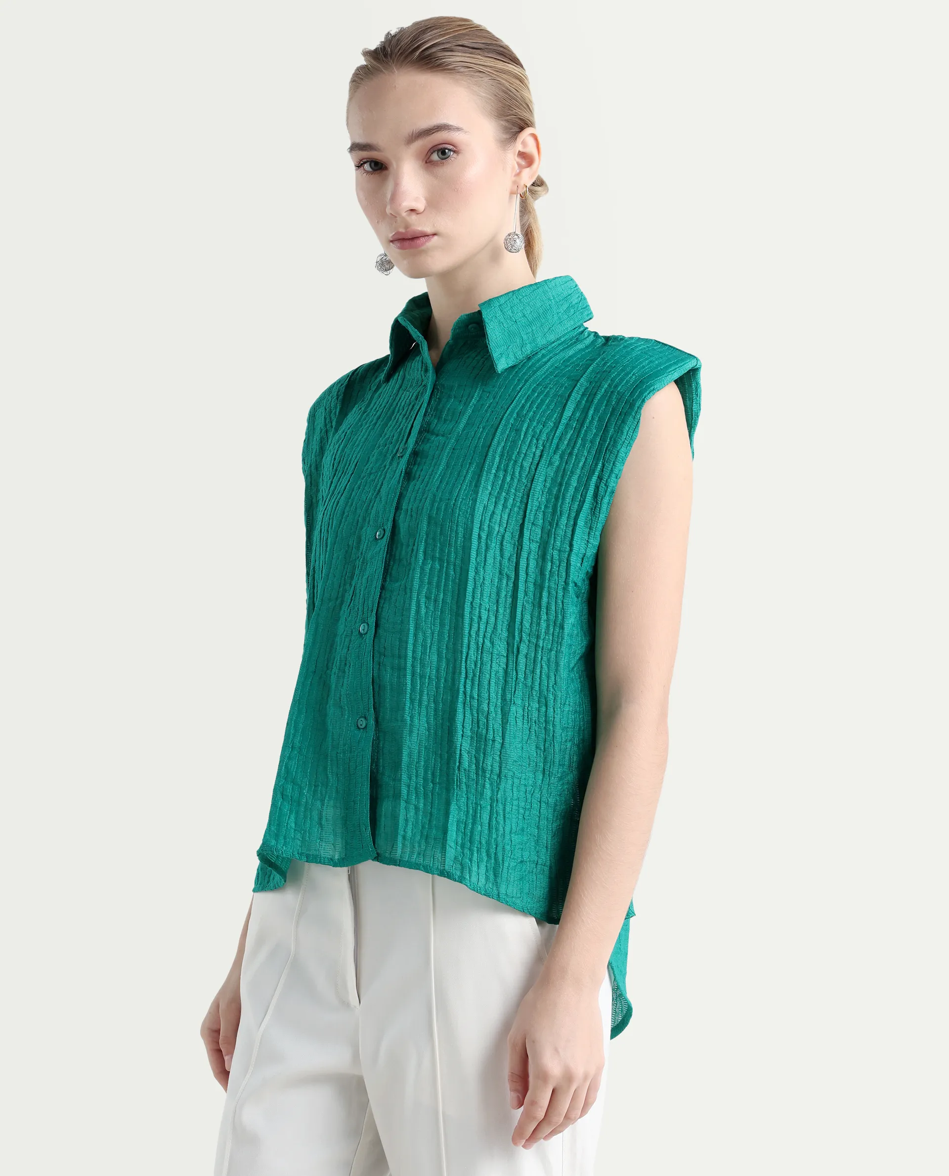 Rareism Women's Drummy Green Rayon Drop Collar Plain Sleeveless Regular Fit Top - Image 5