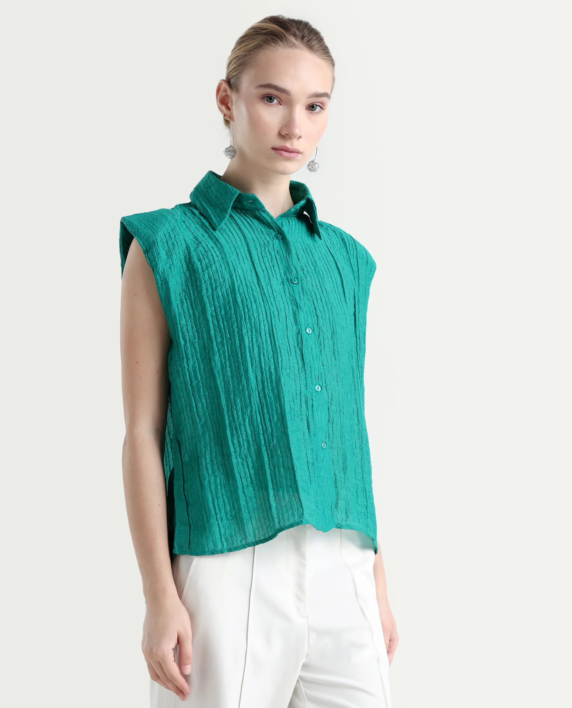 Rareism Women's Drummy Green Rayon Drop Collar Plain Sleeveless Regular Fit Top - Image 6