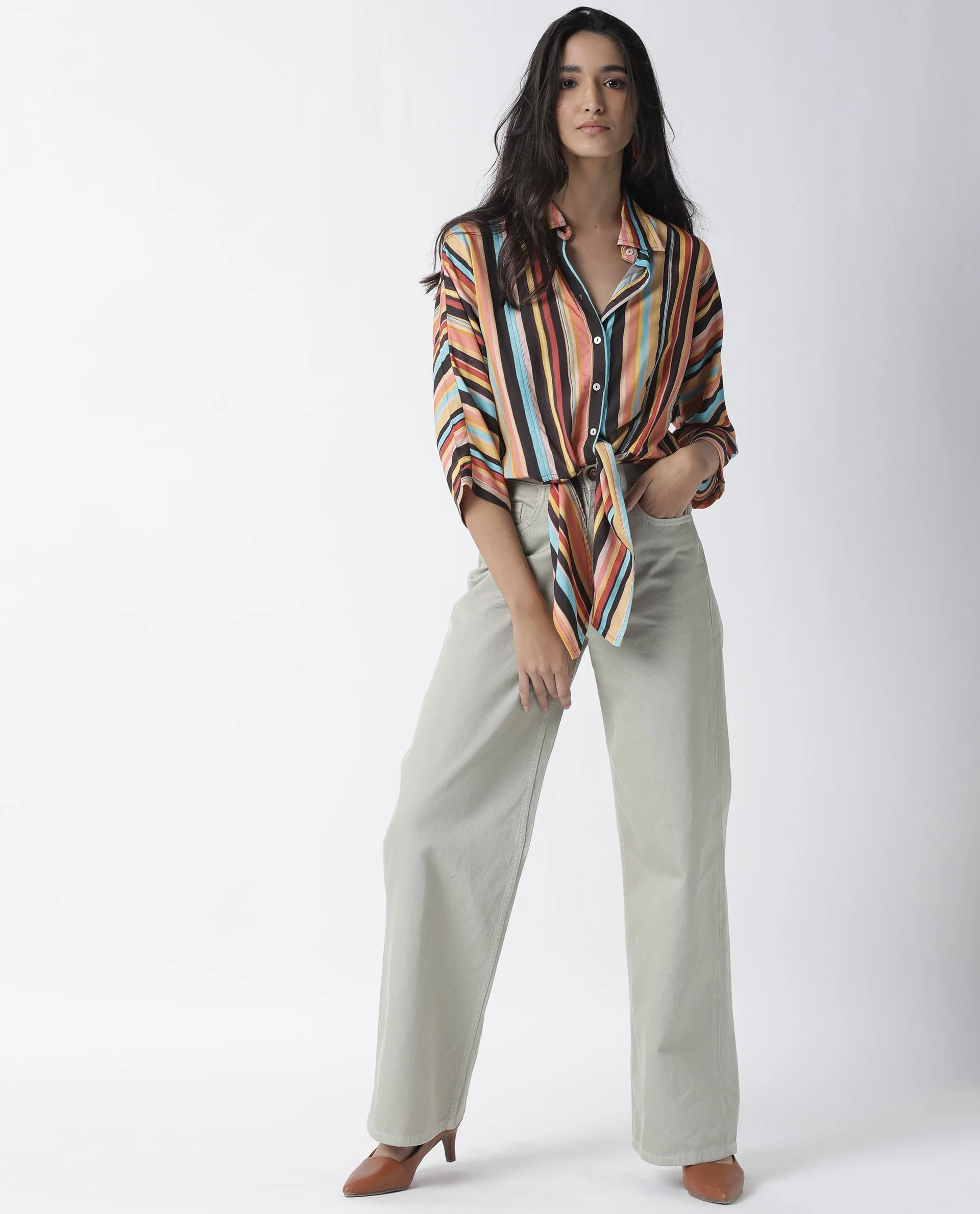 Rareism Womens Drumroll Multi Top Viscose Fabric Regular Fit 3/4 Sleeve Collared Neck - Image 10