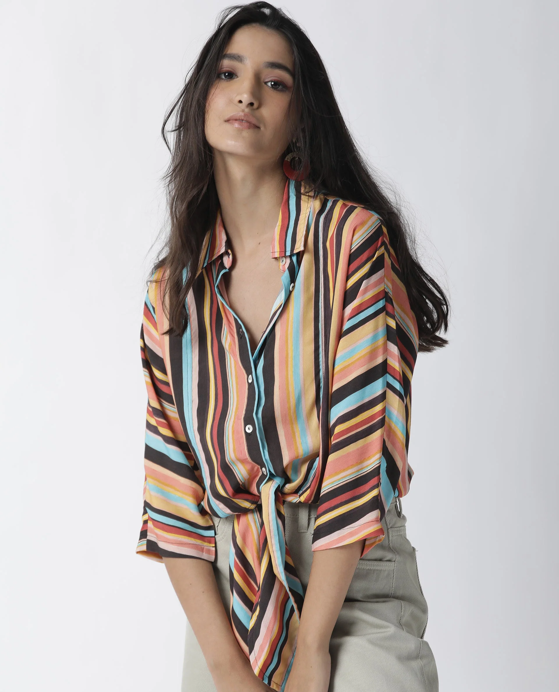 Rareism Womens Drumroll Multi Top Viscose Fabric Regular Fit 3/4 Sleeve Collared Neck - Image 2