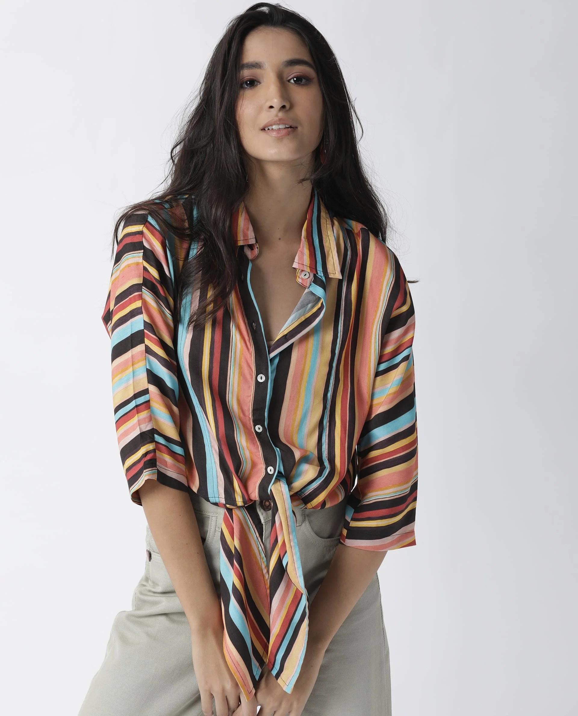 Rareism Womens Drumroll Multi Top Viscose Fabric Regular Fit 3/4 Sleeve Collared Neck - Image 5
