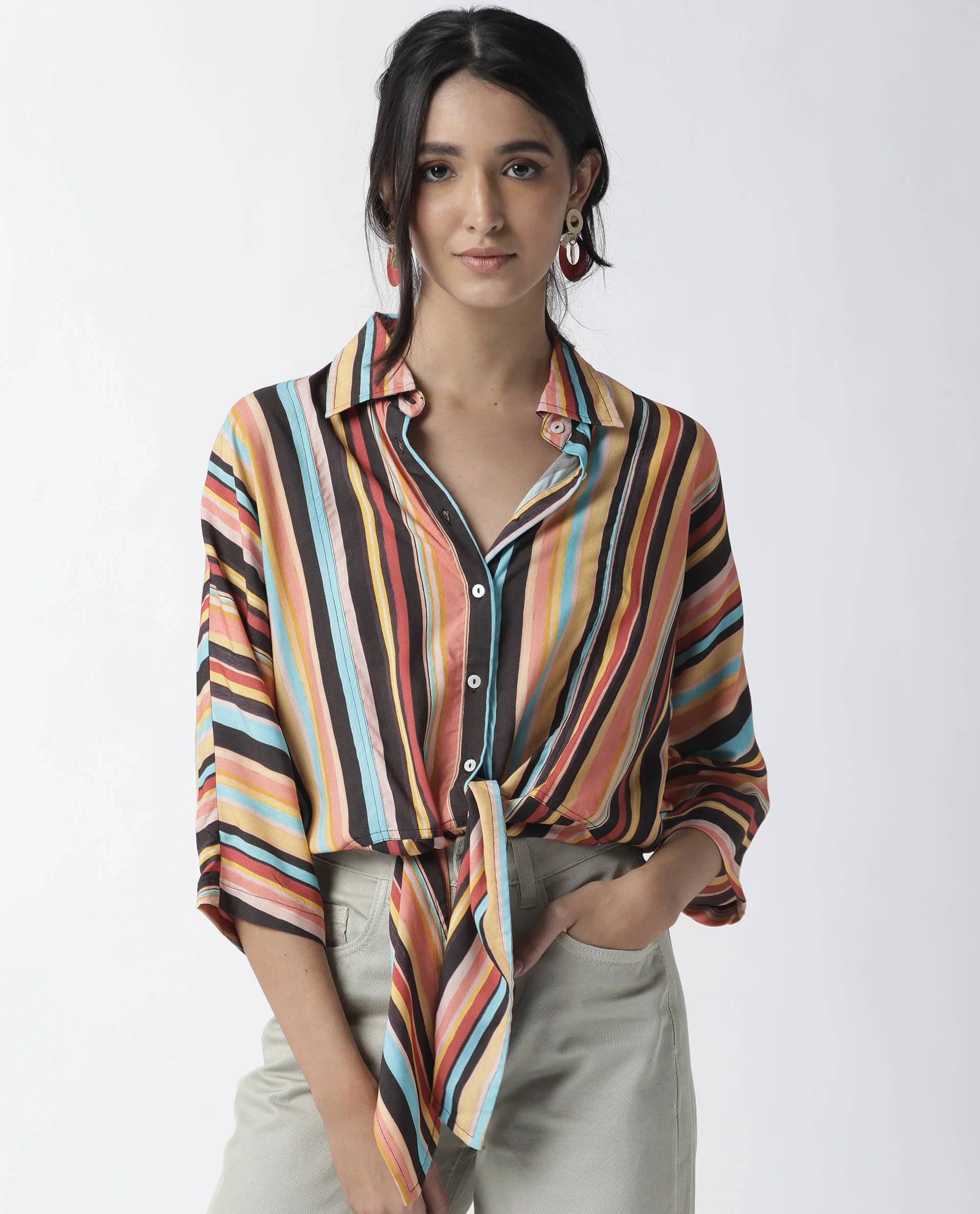 Rareism Womens Drumroll Multi Top Viscose Fabric Regular Fit 3/4 Sleeve Collared Neck - Image 9