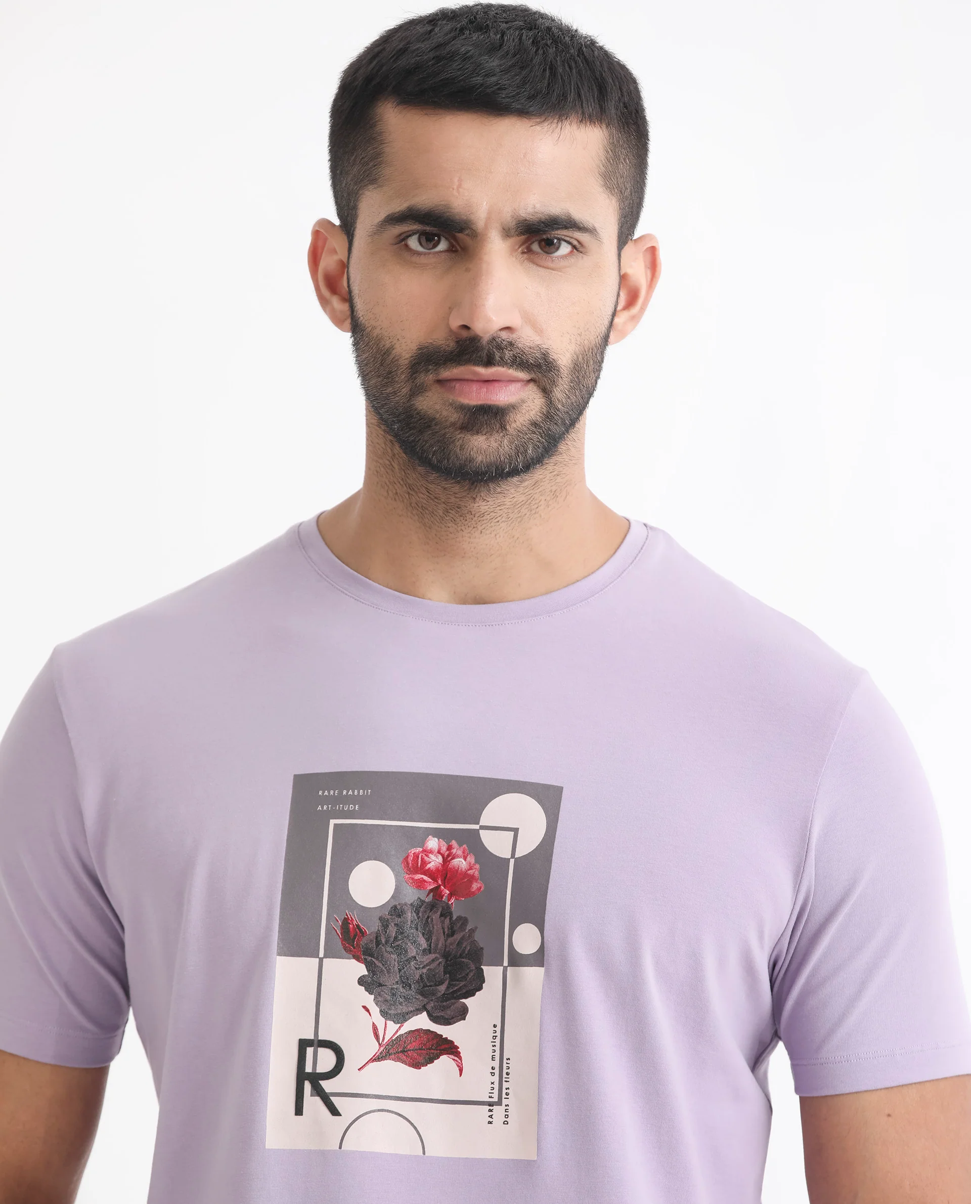 Rare Rabbit Men's Dryden Light Purple Cotton Graphic Print Slim Fit Half Sleeve Crew Neck T-Shirt
