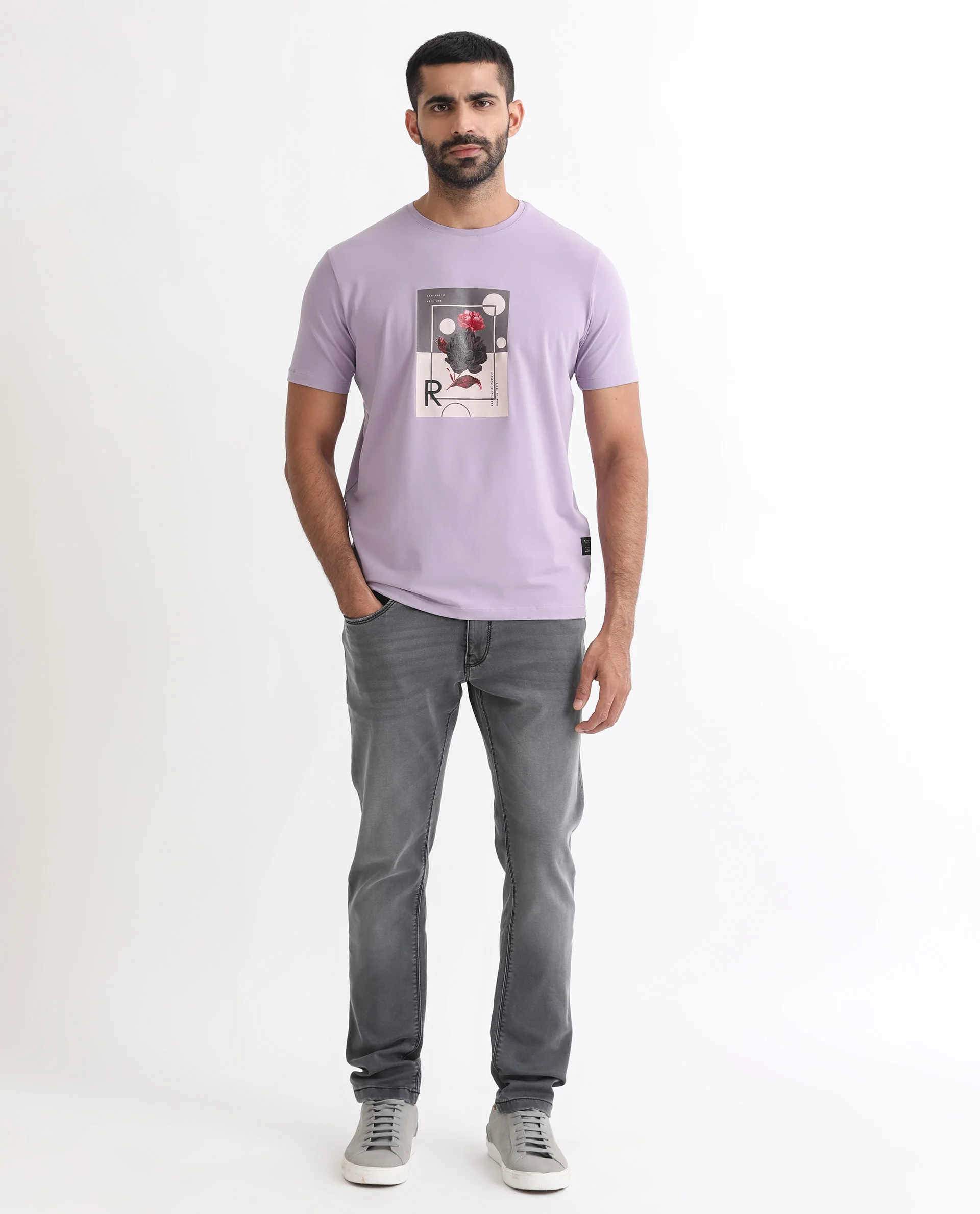 Rare Rabbit Men's Dryden Light Purple Cotton Graphic Print Slim Fit Half Sleeve Crew Neck T-Shirt - Image 2