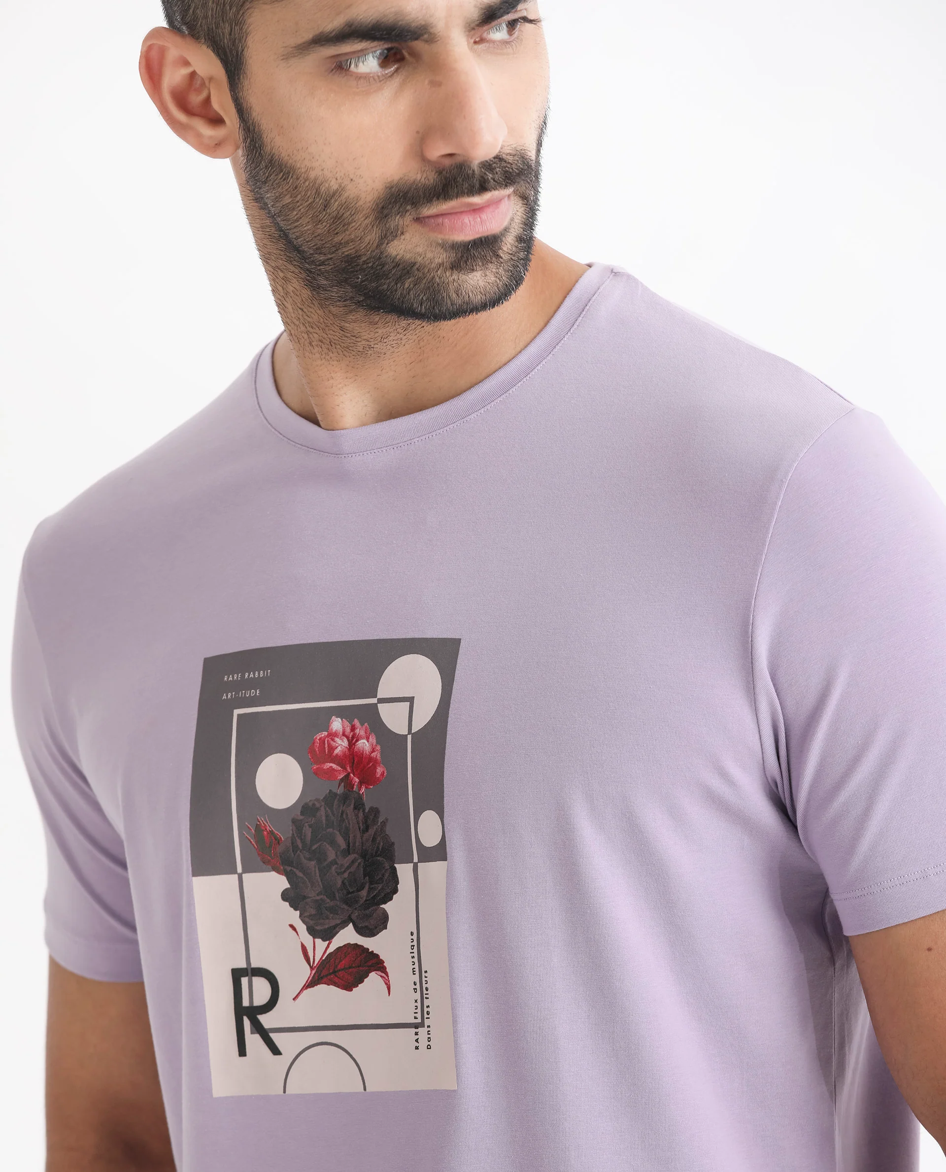 Rare Rabbit Men's Dryden Light Purple Cotton Graphic Print Slim Fit Half Sleeve Crew Neck T-Shirt - Image 3